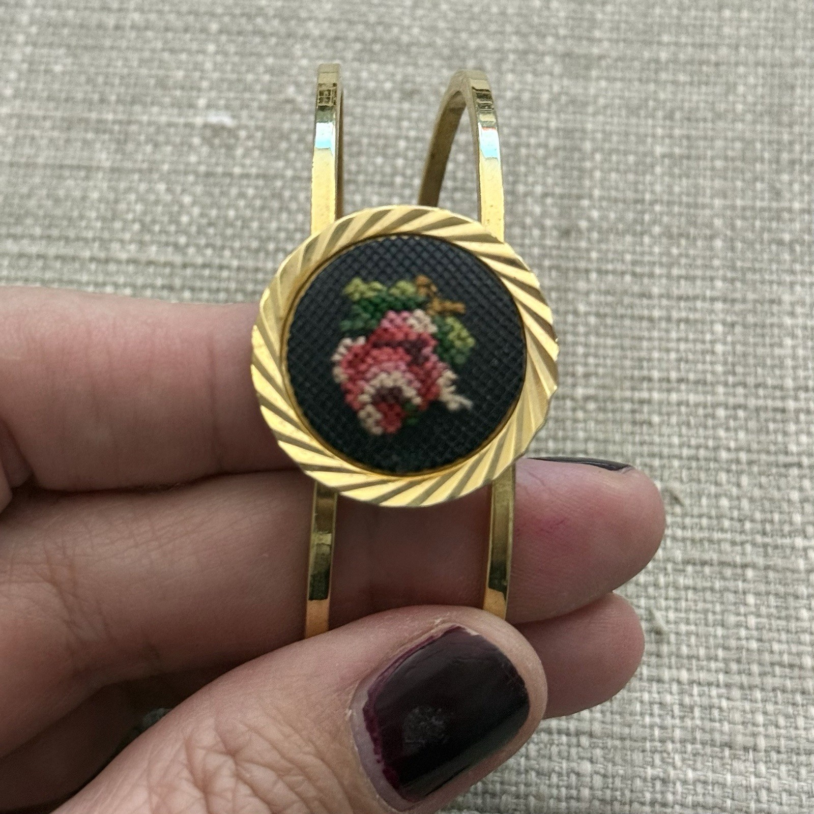 Vintage Needlepoint Hinged Clamp Style Bracelet – Floral Gold Tone – London 1971