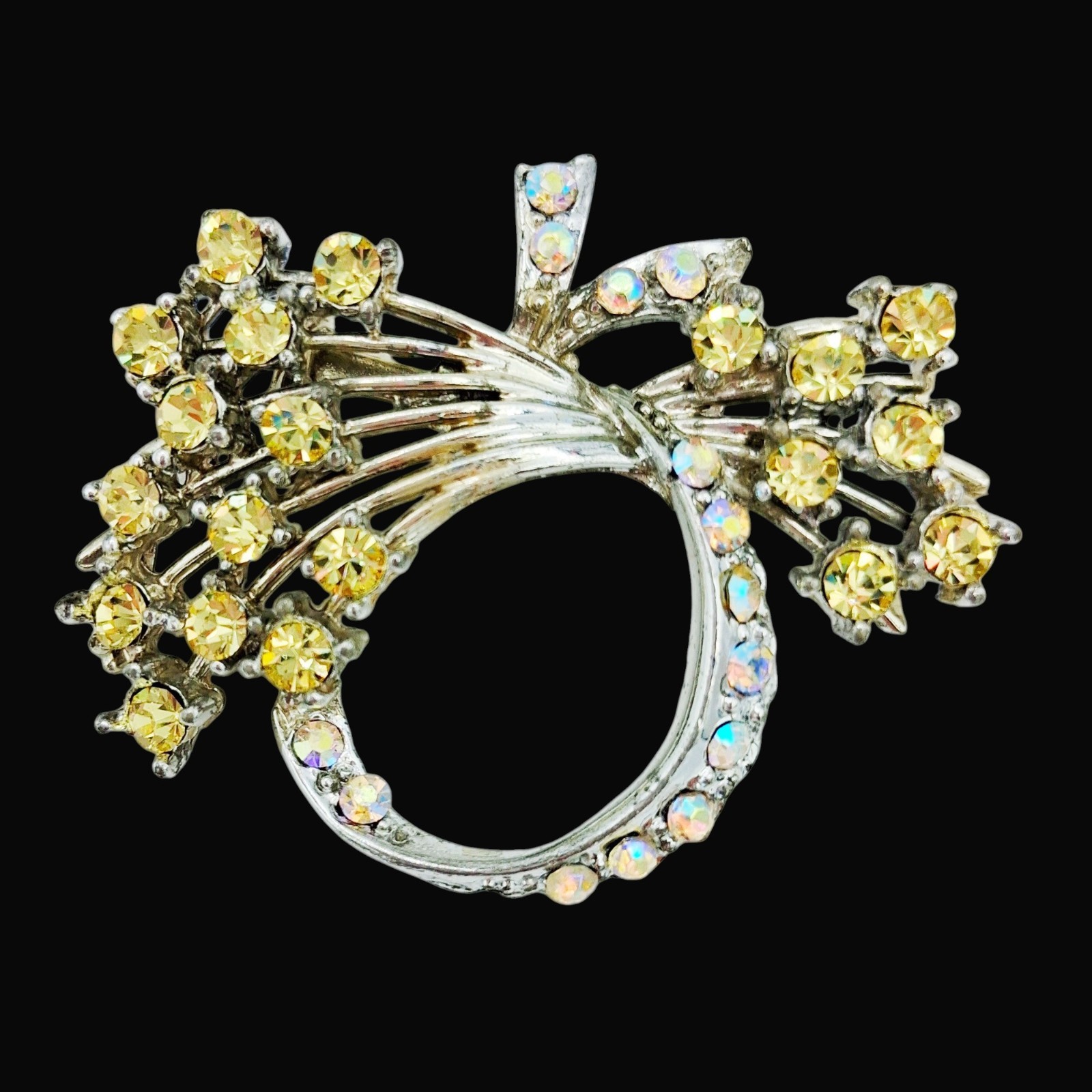 Vtg 50s Yellow Rhinestone Spray Brooch 2″ Circle Pin w AB Ribbon Accent