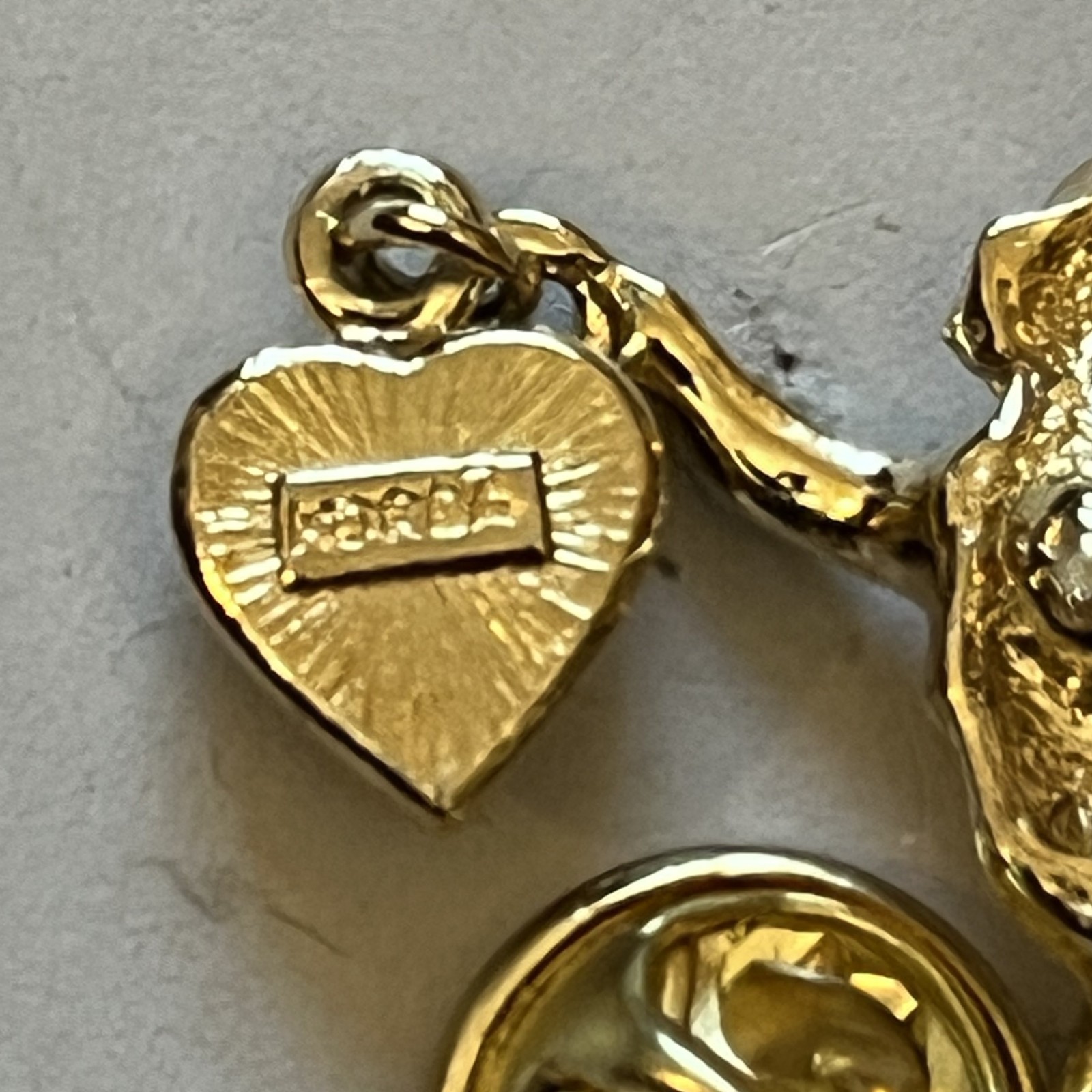 Vintage Shiny Gold-tone Guardian Angel Dangling Red Heart Brooch Pin.