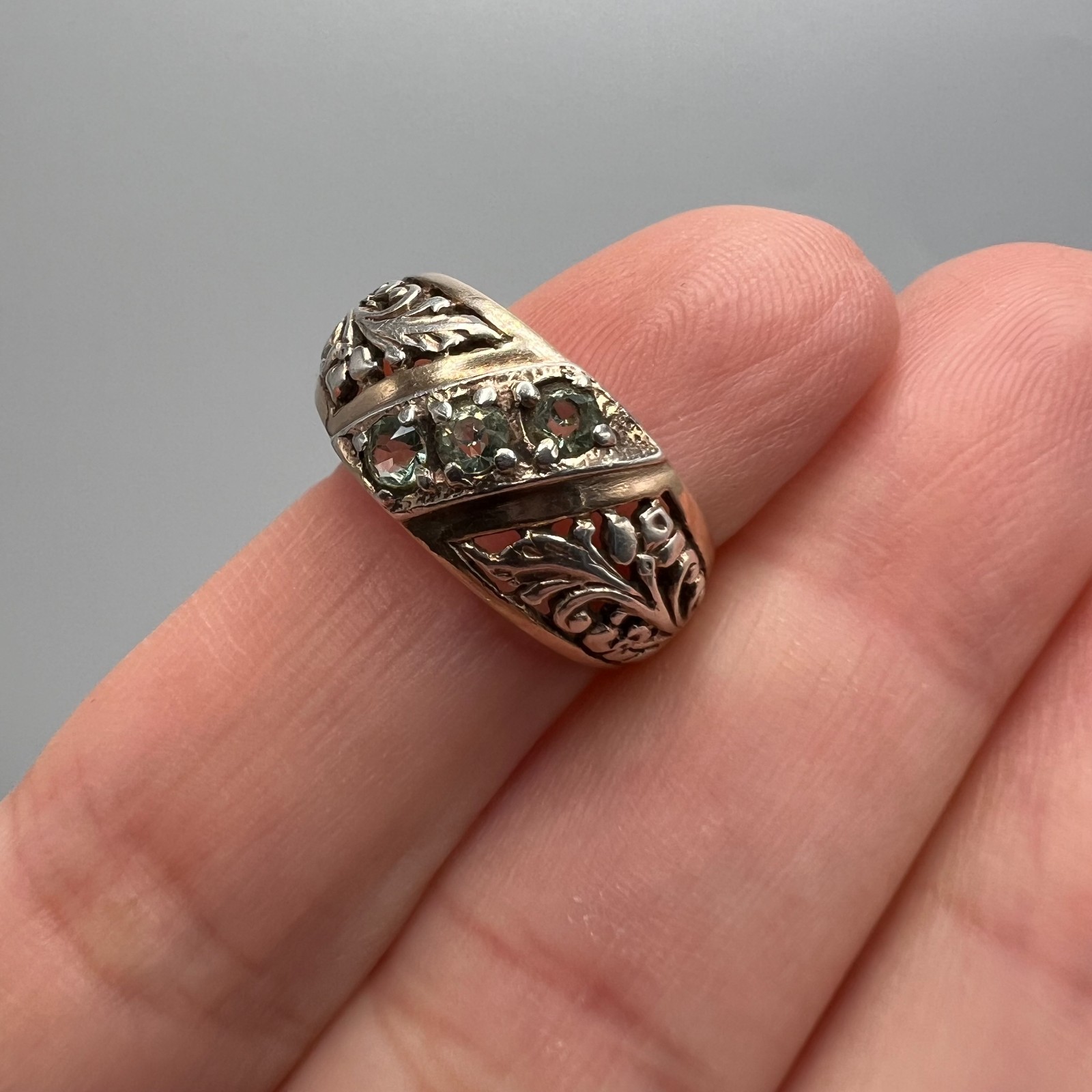 Vintage Soviet Silver 875 Ring with Green Stones Floral Design Size 6.5