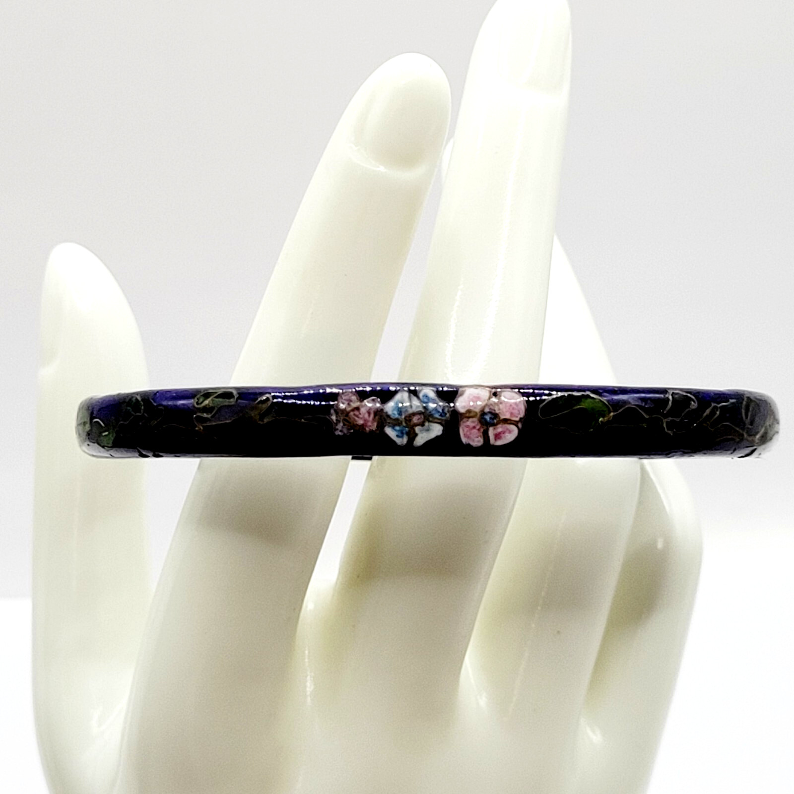 Cloisonné Asian Inspired Dark Cobalt Blue Floral Hand Painted Bangle Bracelet
