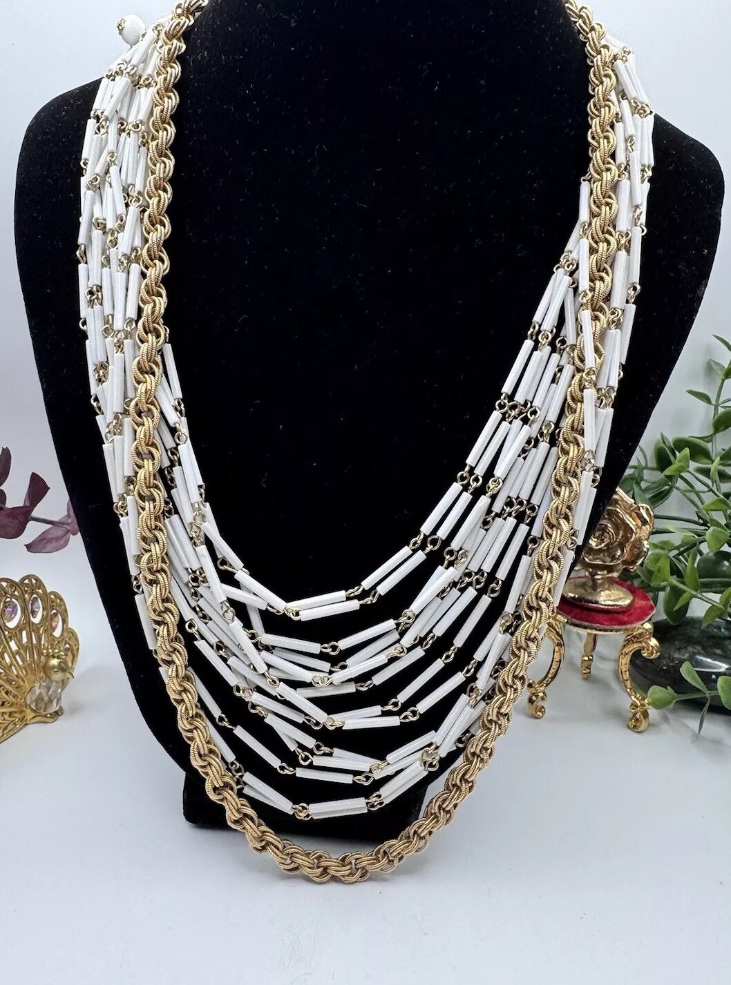 Gorgeous Vintage Necklace White Multi Strand Tube And Rope Chain Gold Tone