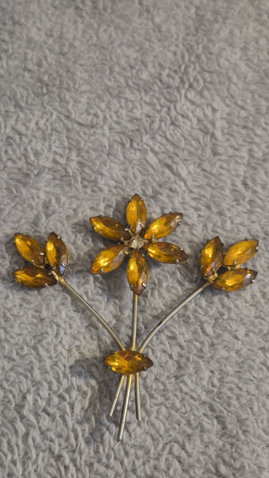 Vintage Mid-Century Amber Rhinestone stones are prong-set rolling safety Clasp