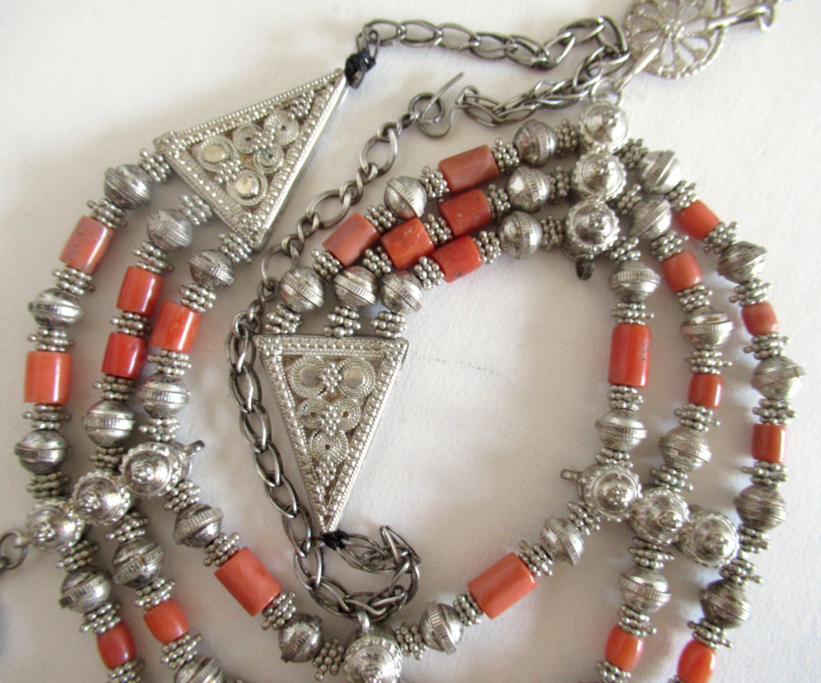 HUGE STATEMENT STERLING FESTOON NECKLACE w CORAL, 19 INCHES, 88 GRAMS, YEMENITE?