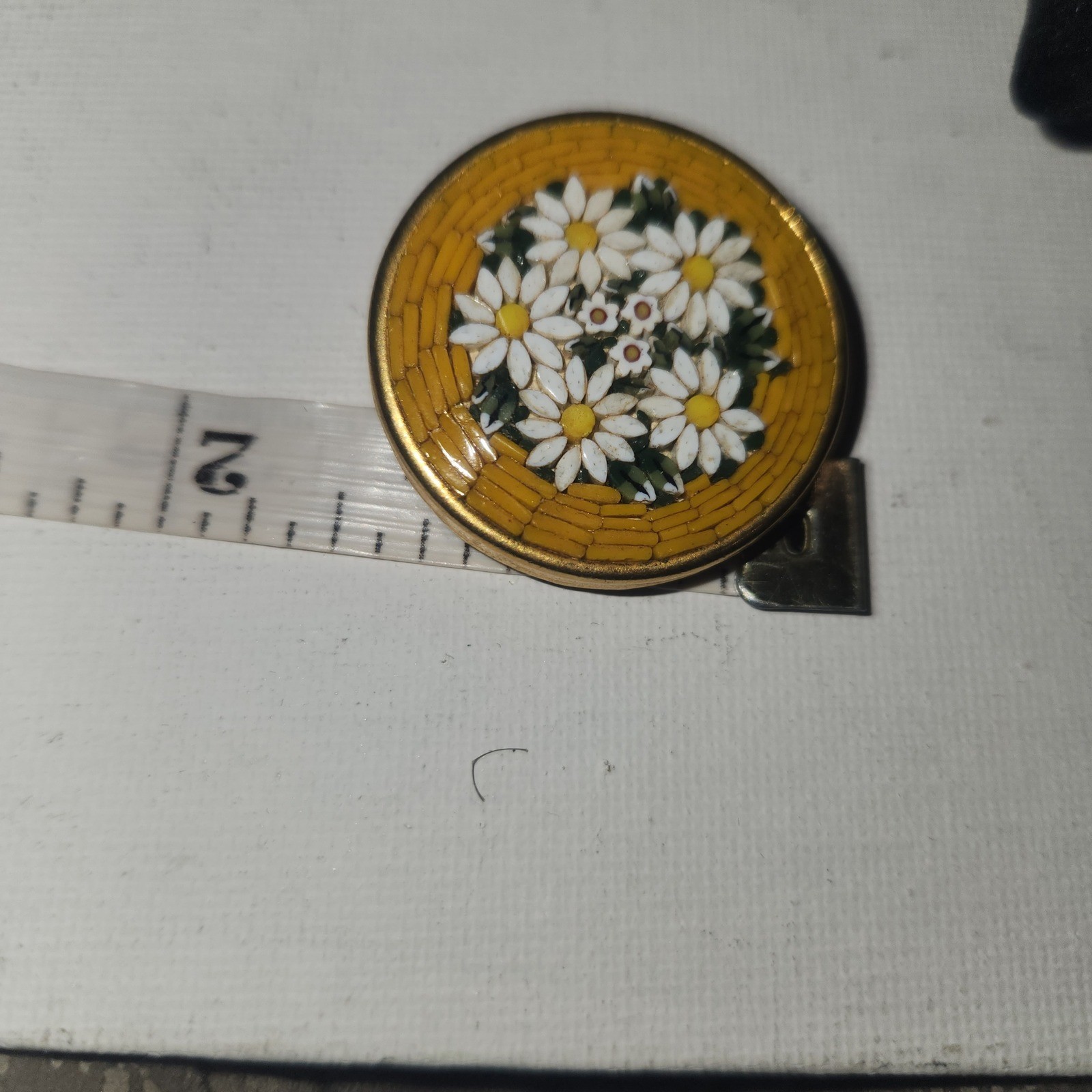 Vintage Italian Micro Mosaic Floral Brooch Yellow Daisy Pin Made in Italy Round