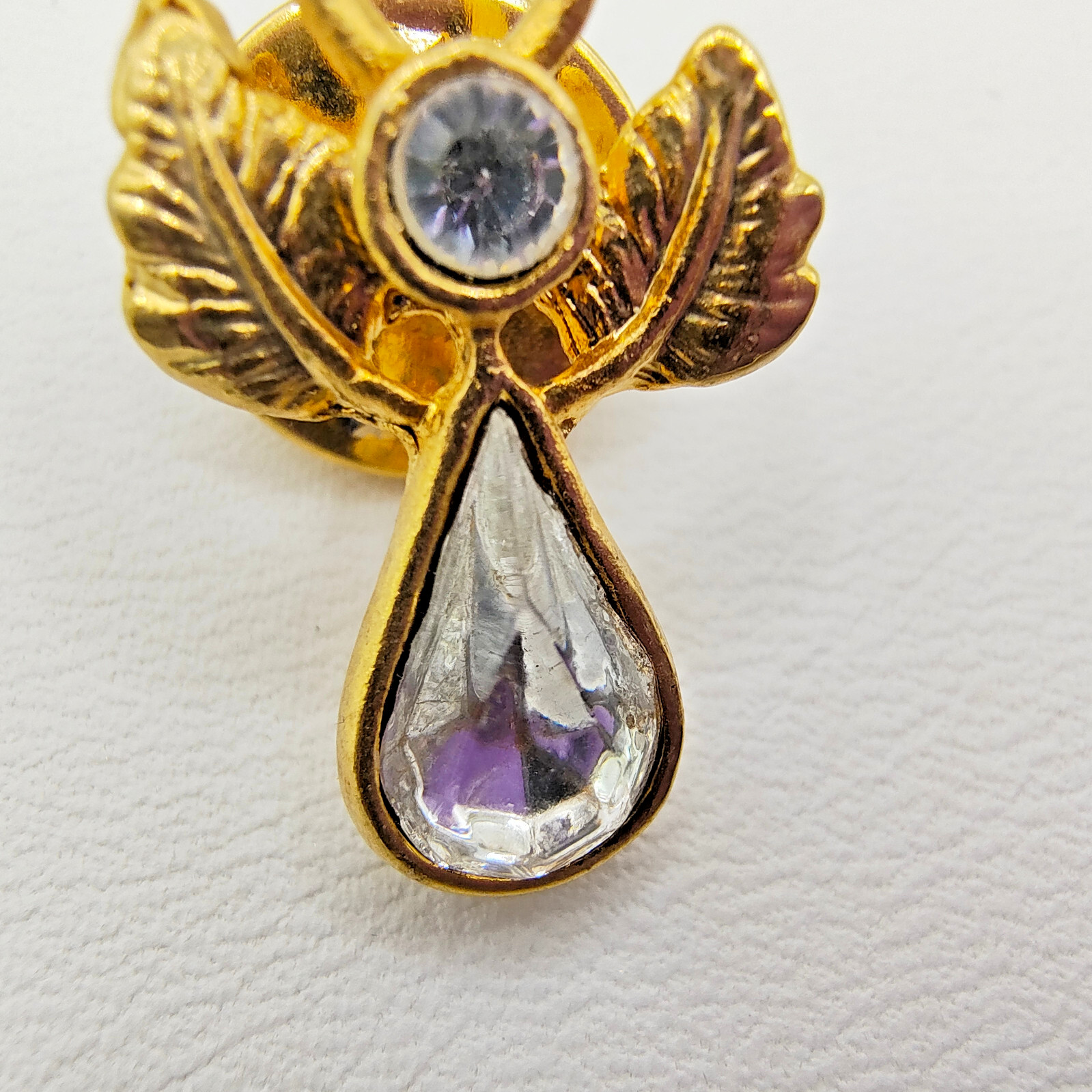 Vintage Guardian Angel Lapel Pin Gold Tone Clear Rhinestone Religious Icon 1/2″