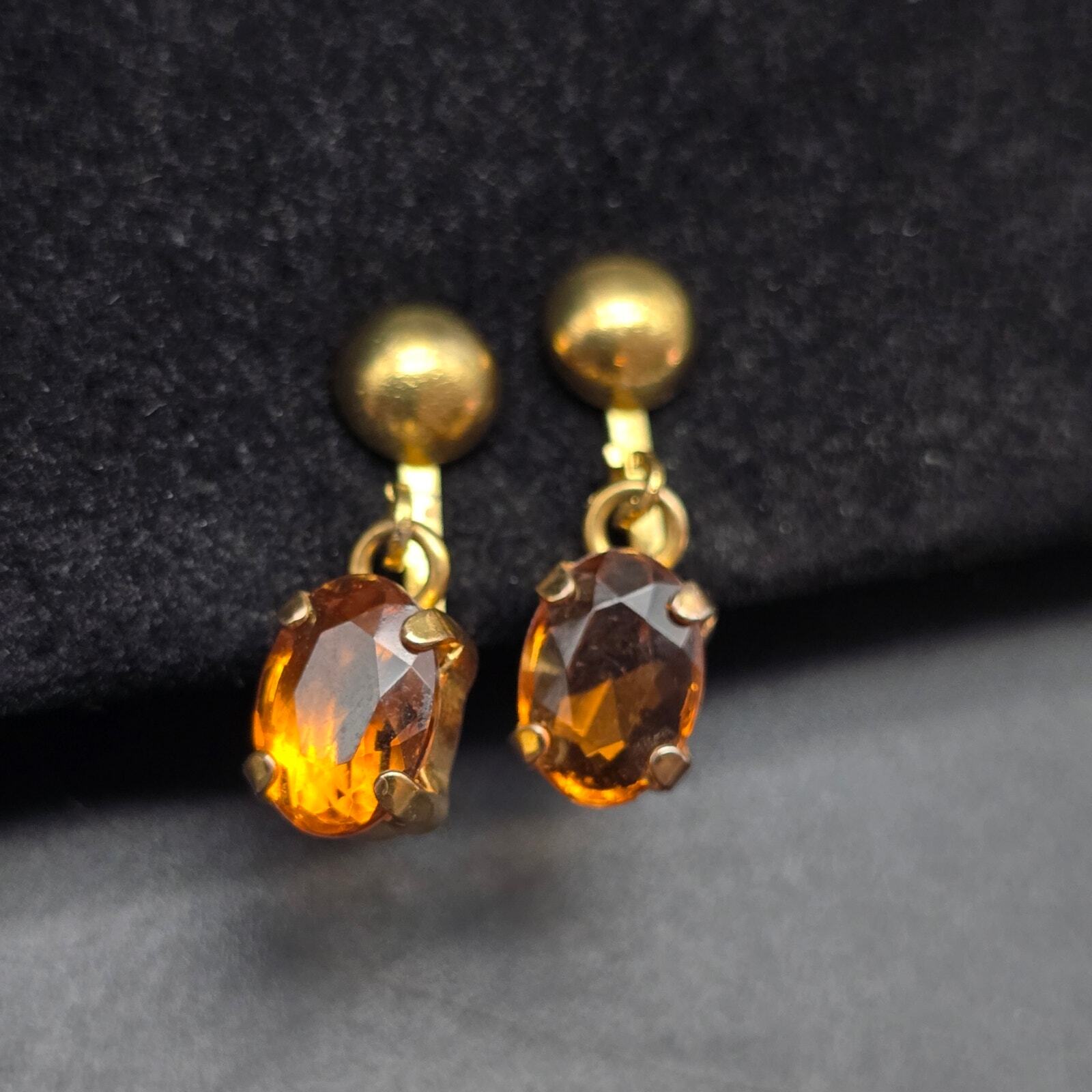 Vintage Yellow Orange Rhinestone Clip On Earrings Dangle Drop Charm