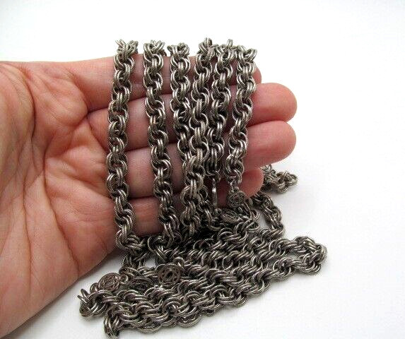 Vintage Heavy Opera Length Round Lined Double Interlocking Crest Necklace 65 In