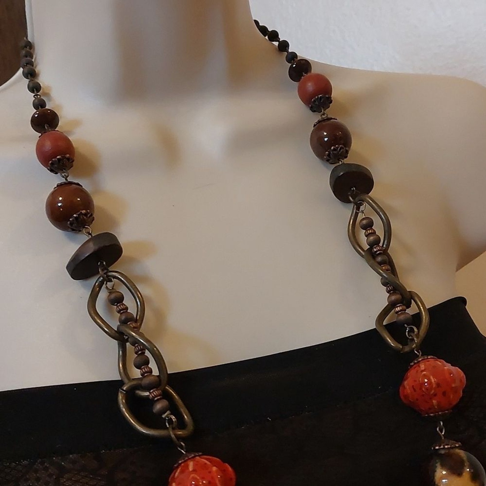 OOAK Unique Vintage Artisal Mixed Media Necklace Copper Wood Glass Ceramic