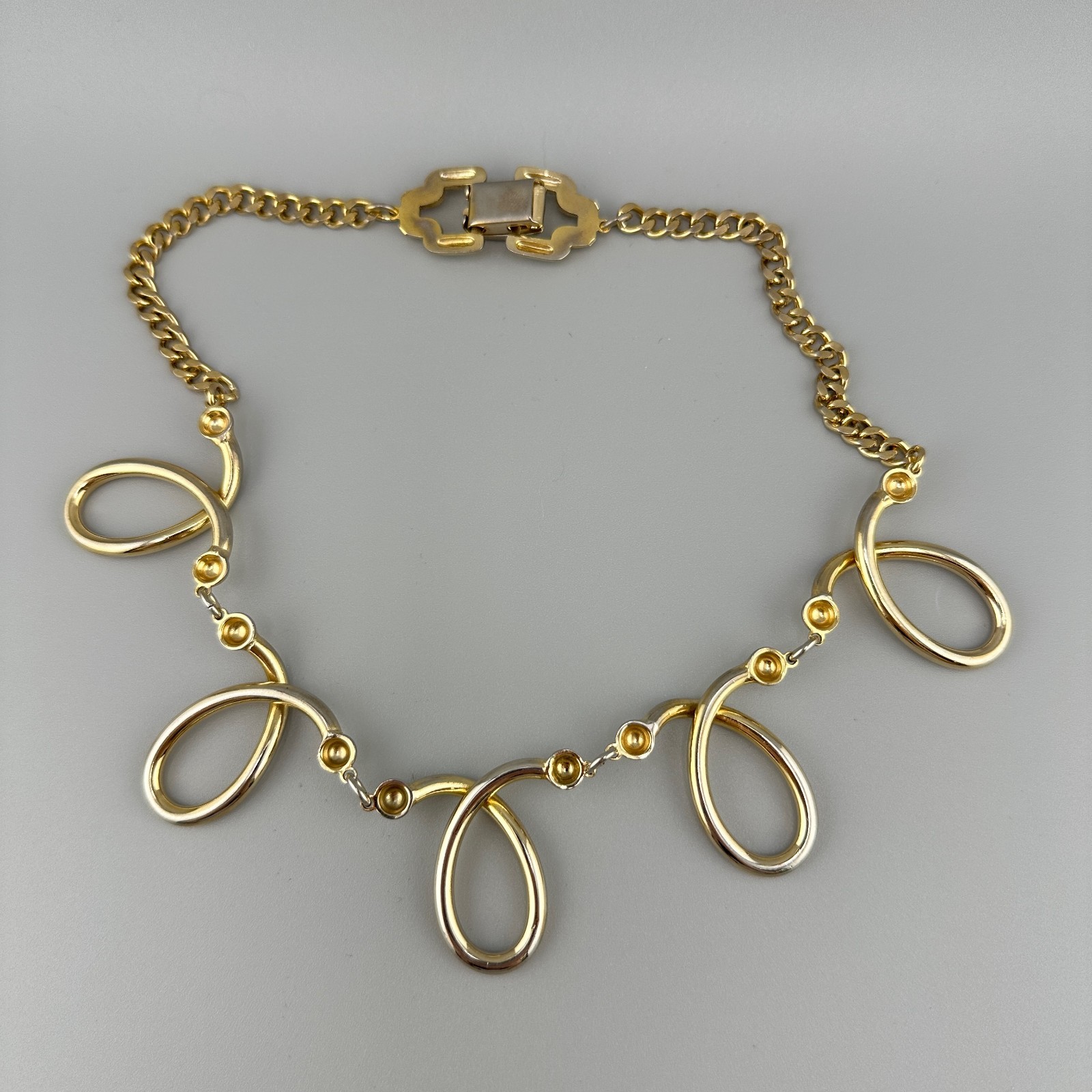 Vintage Chunky Statement Necklace Gold Tone Open Oval Link Retro Collar 1980s