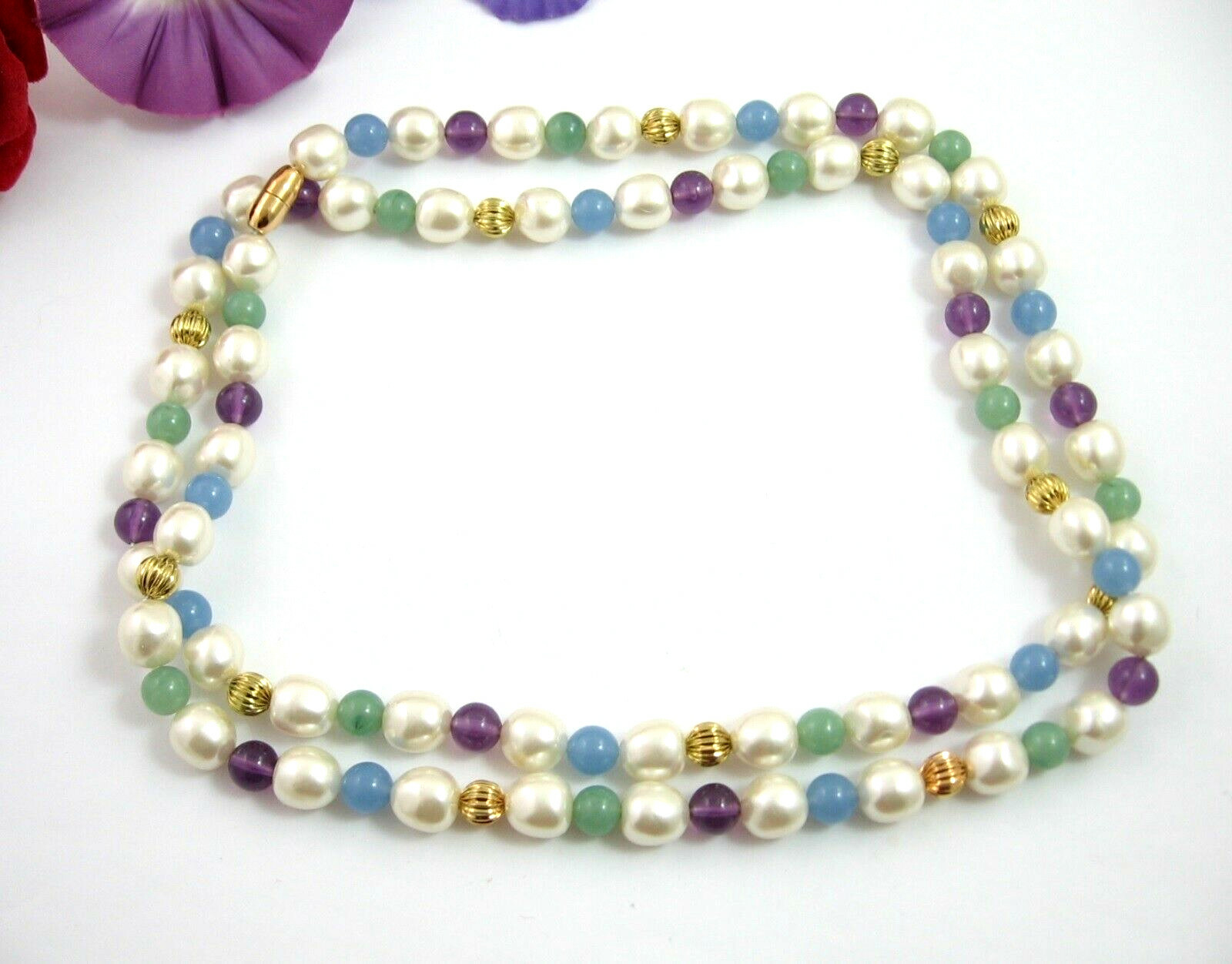 White PURPLE BLUE MINT GREEN BEADED Necklace 4 Color Beads Vintage Goldtone 36″