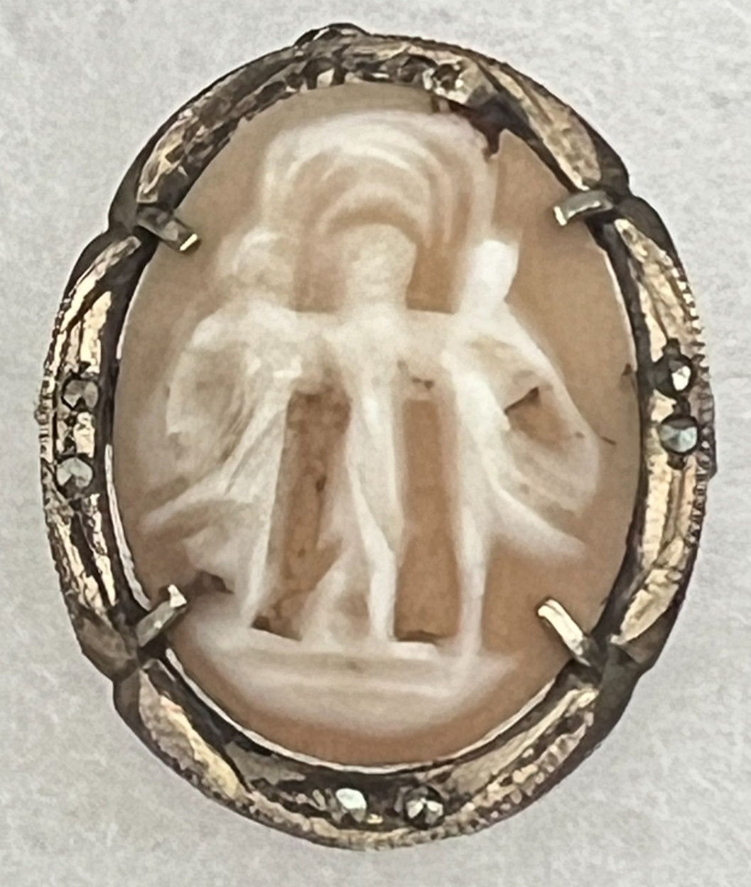 Antique 800 Silver Shell Cameo Three Graces Marcasite Brooch Pendant c1930