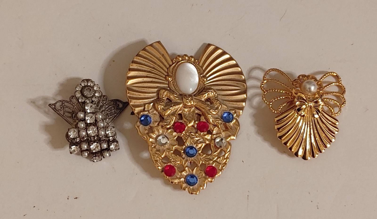 3 Vintage Angel Jane Davis Brooch Pins AOL Rhinestones Silver Gold Tone Brooches