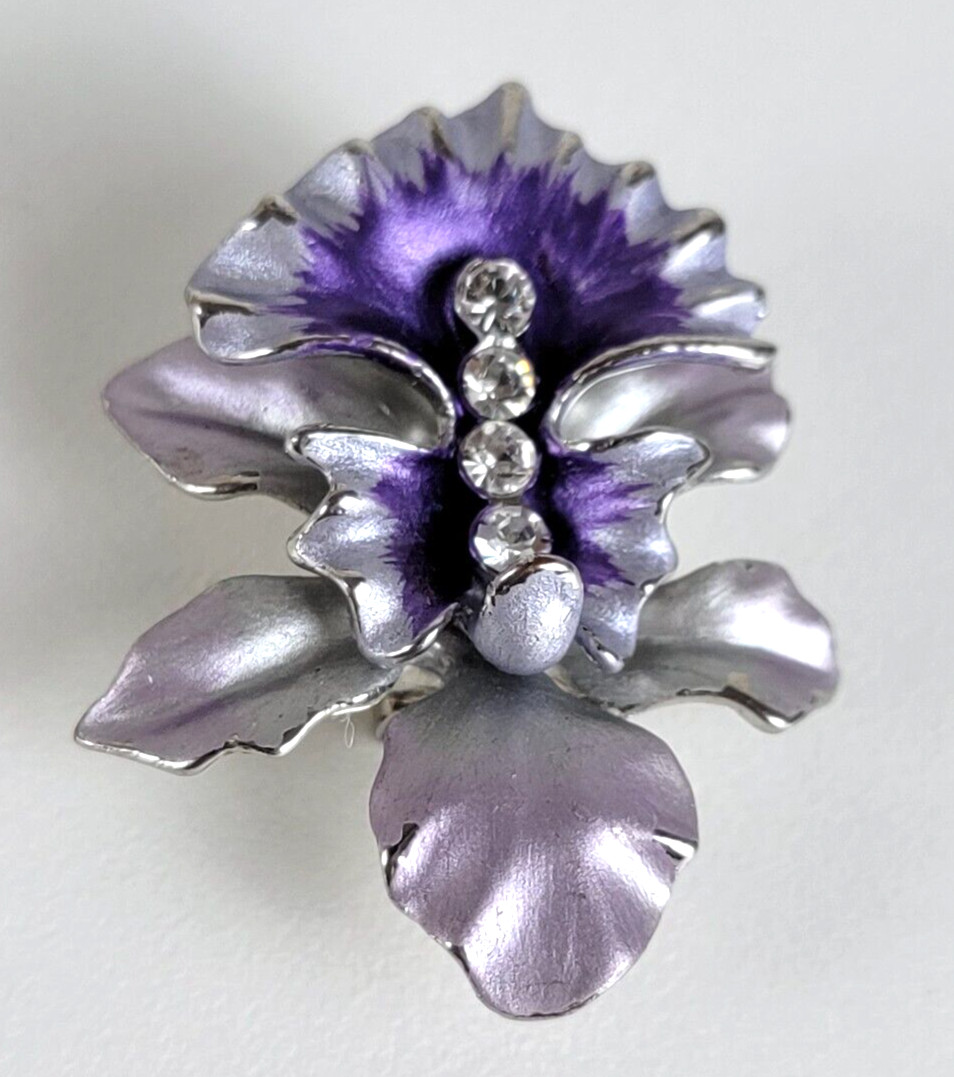 Vintage Purple Orchid Pendant With Clear Crystal 1.5 In Lariat