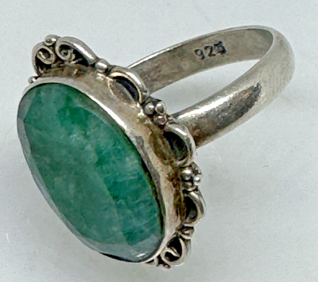 Vintage Artisan 12x17mm Oval Faceted Green Beryl Ring 925 Silver Size 7.5