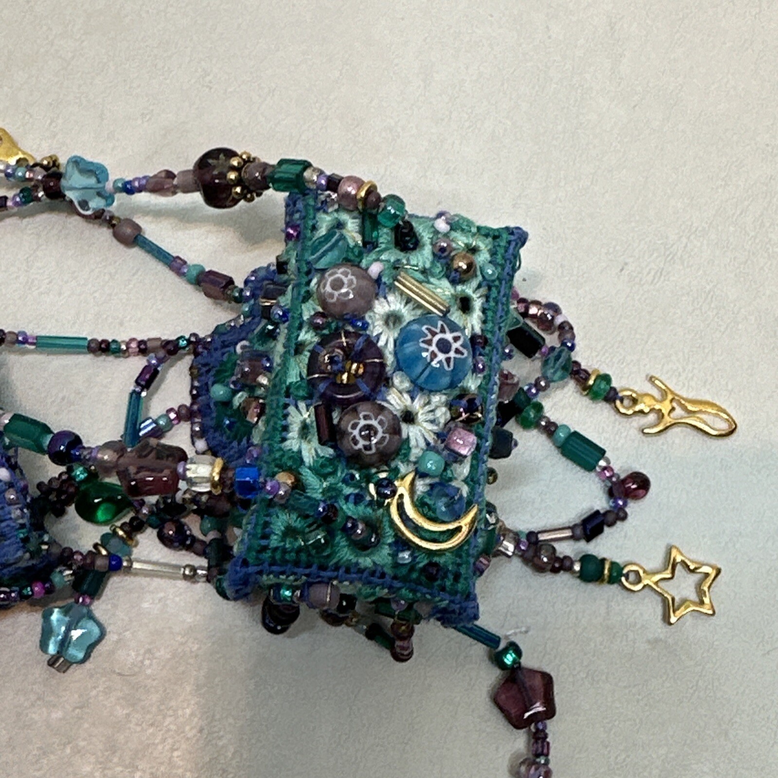 Vintage Handmade Blue Seed Bead Purse Necklace With Beaded Fringe-Bo Ho-Hippie