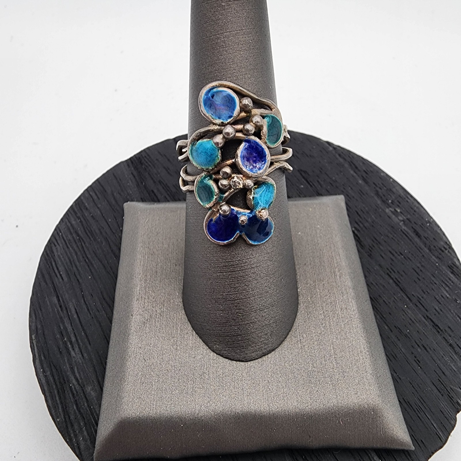Vintage Signed RP Silver Teal Enamel Brutalist Multi Wire Strand Ring 7″