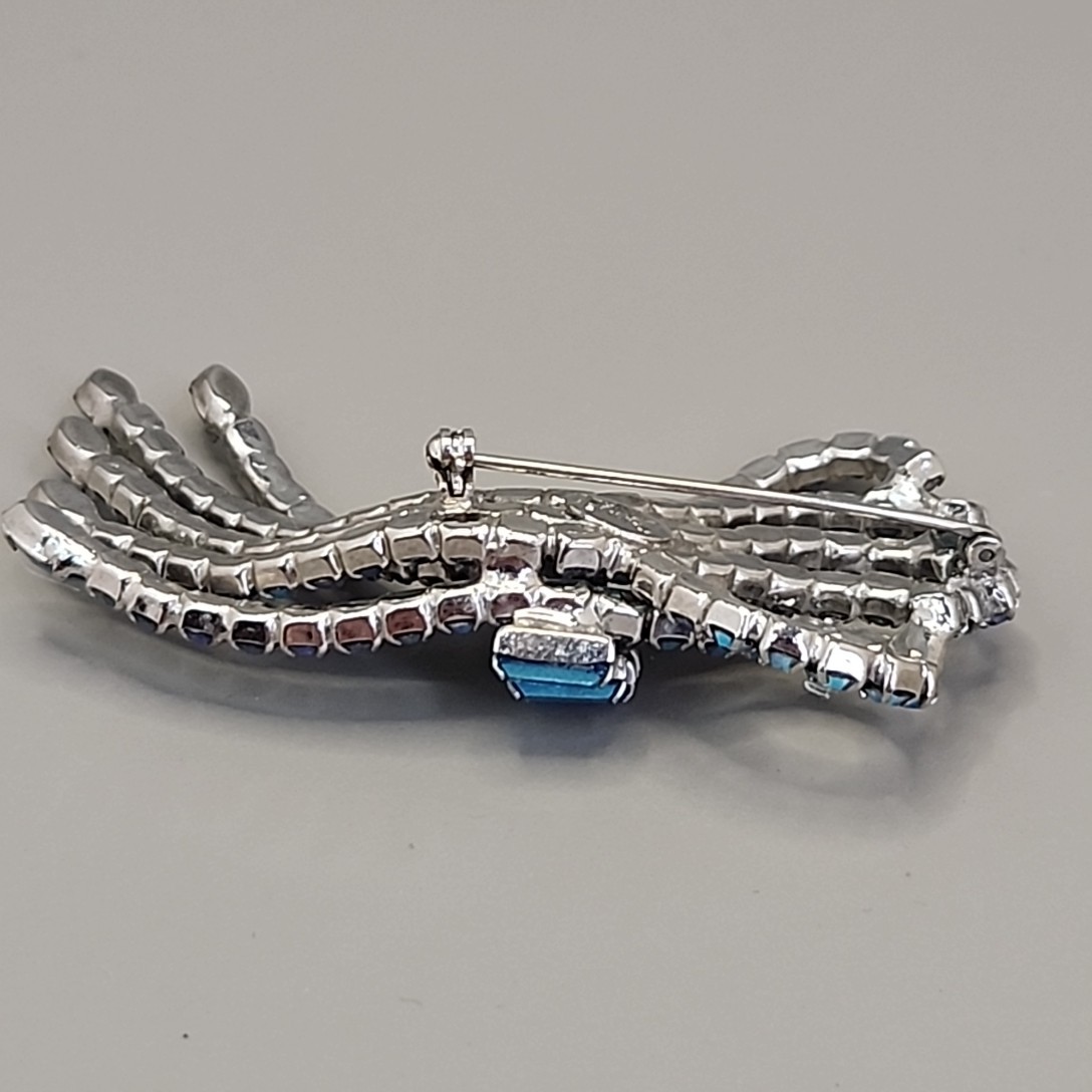Vintage Tammey Jewels Brooch Aurora Borealis Blue Ribbons 2.75″