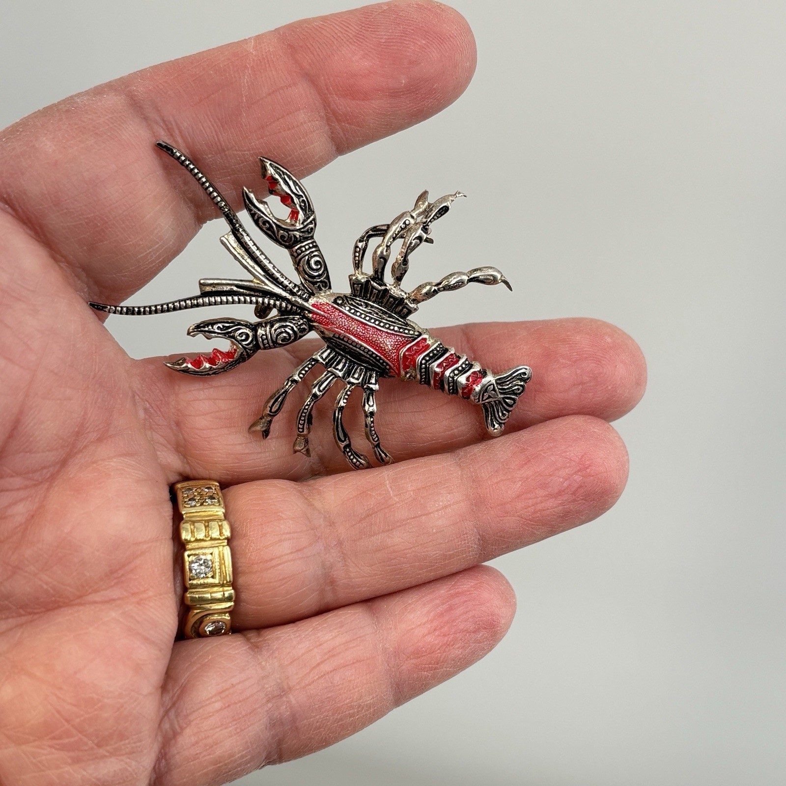 Vintage Spain Lobster Brooch Red Enamel Silver Tone Figural Crayfish Pin