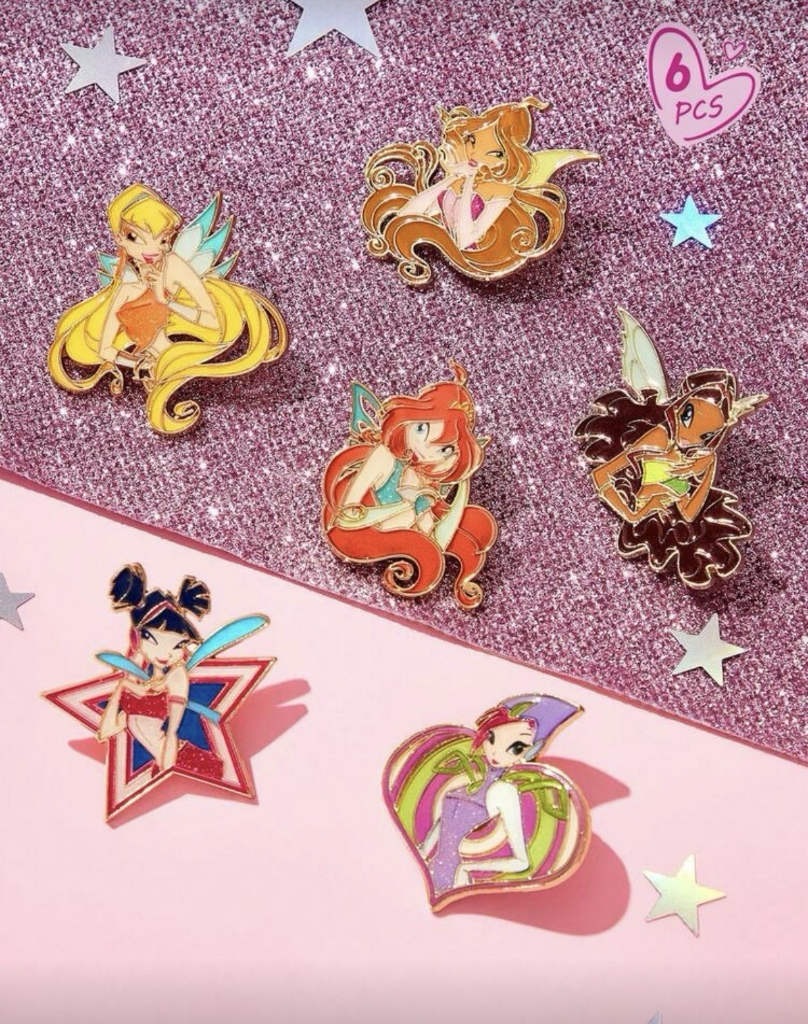 New SET OF 6 WINX CLUB Pins FAIRIES Brooch BLOOM Stella FLORA Aisha Metal Pin
