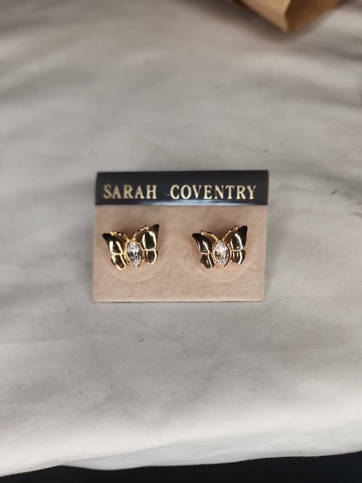 Sarah Coventry Goldtone Butterfly Earrings Clear Rhinestone Post Set 1/2 Inch