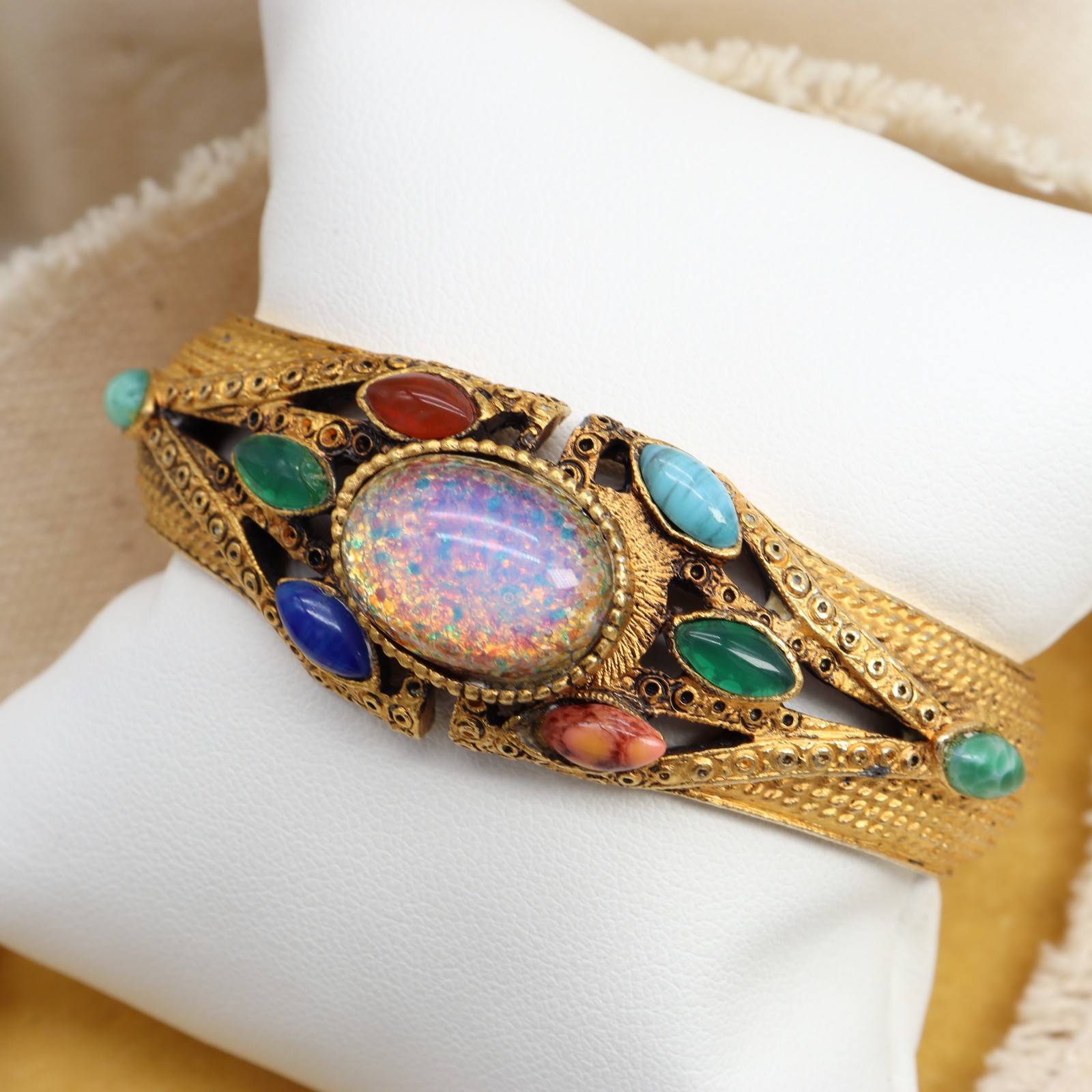 Vtg DESIRE Faux Opal Cabochon Clamper Bracelet Glass Gold Tone Hinged Pink Blue
