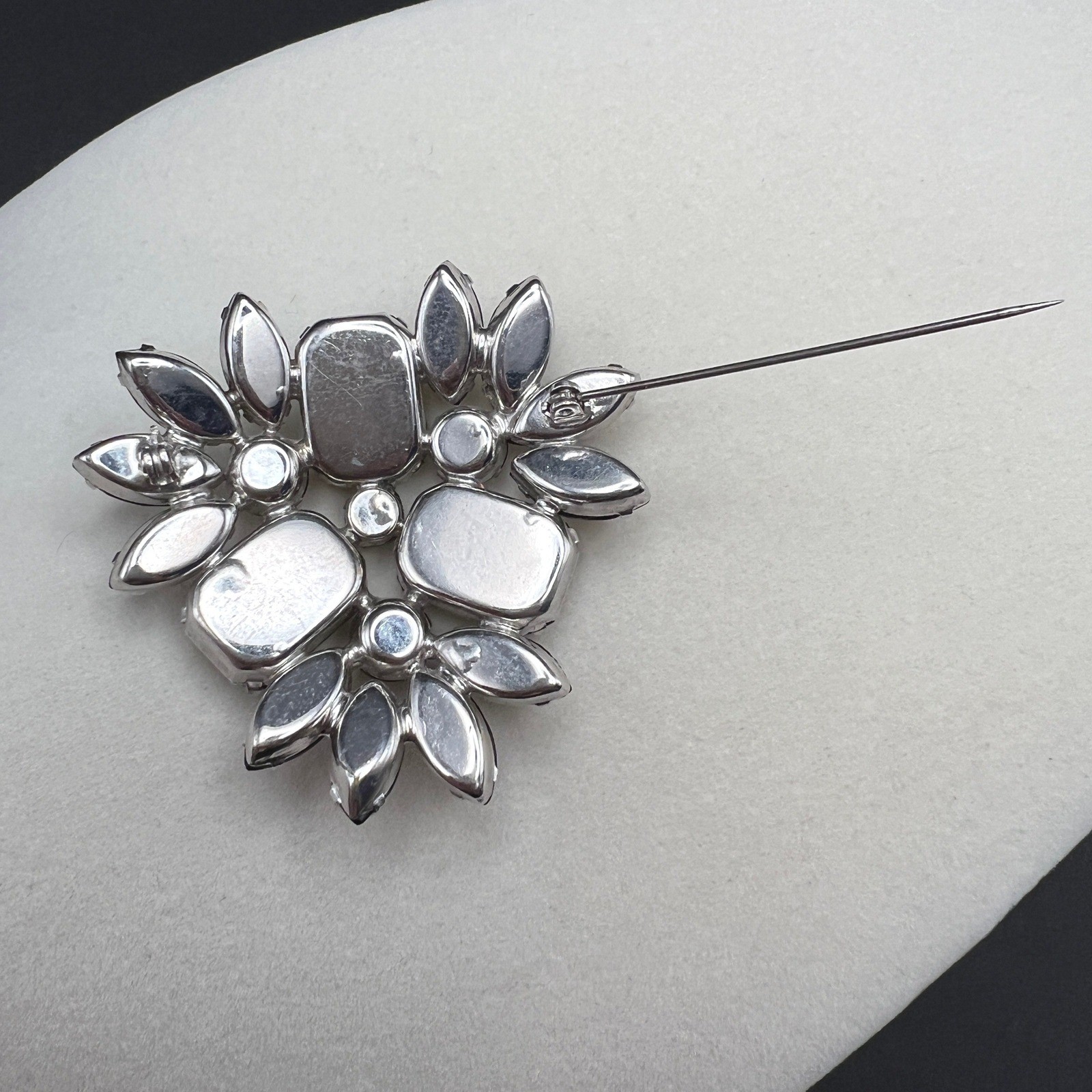 Vintage Black Rhinestone Cluster Brooch Marquise Emerald Cut Domed Prong Set