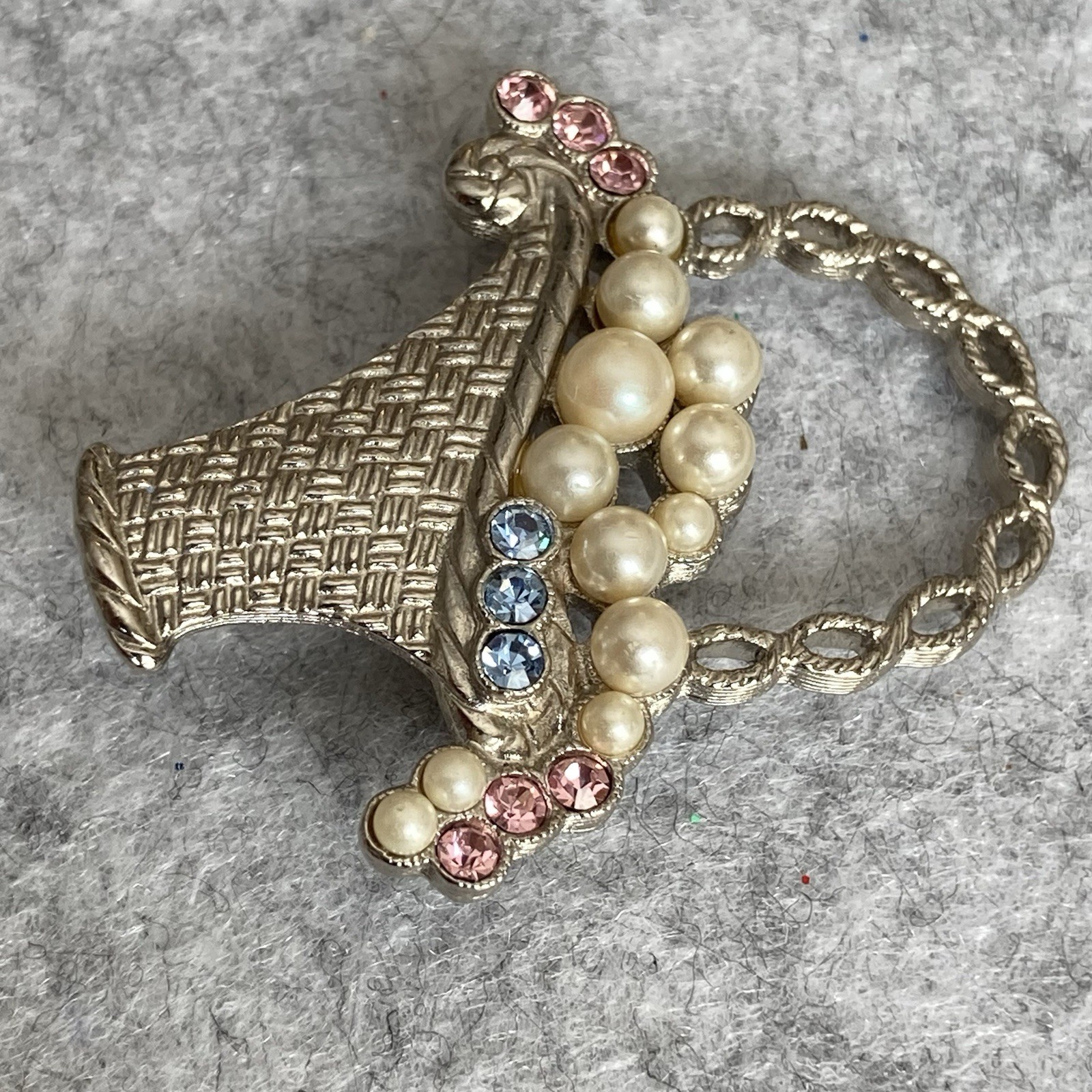 VTG Flower Basket & Wheelbarrow Brooch Lot of 2 Faux Pearls Enamel 1928 Brand