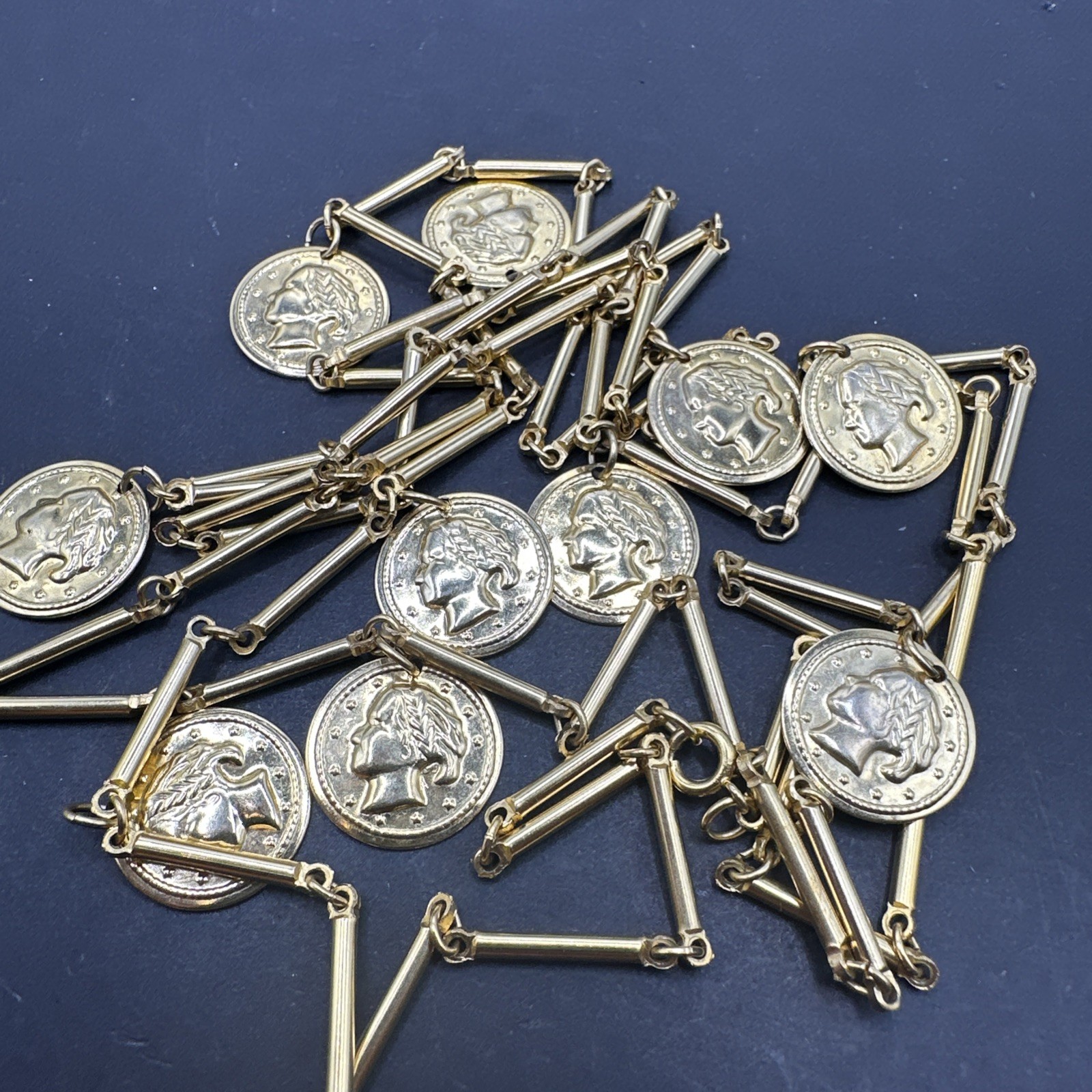 Vintage Necklace Chain Station Coin Charm Dangle Bar Link Goldtone 54”