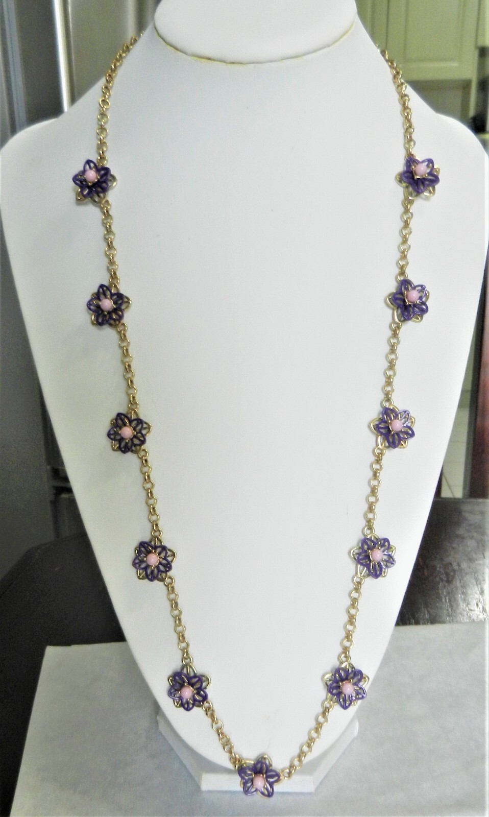 Coldwater Creek Purple Filigree Flower Station Necklace Gold Tone