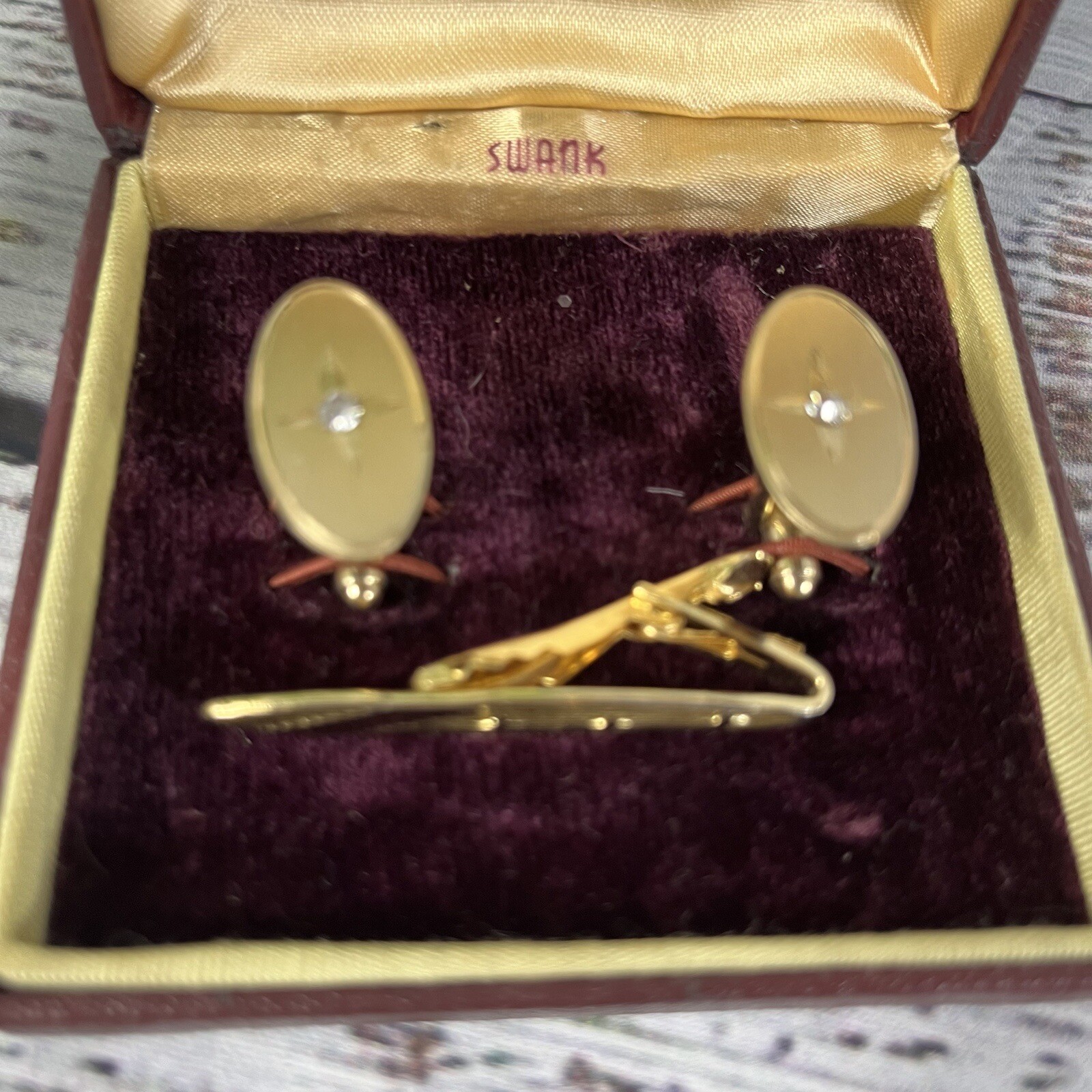 Swank Vintage Brushed Gold Faux Diamonds Mens Cufflinks & Tie Clip w/ Box