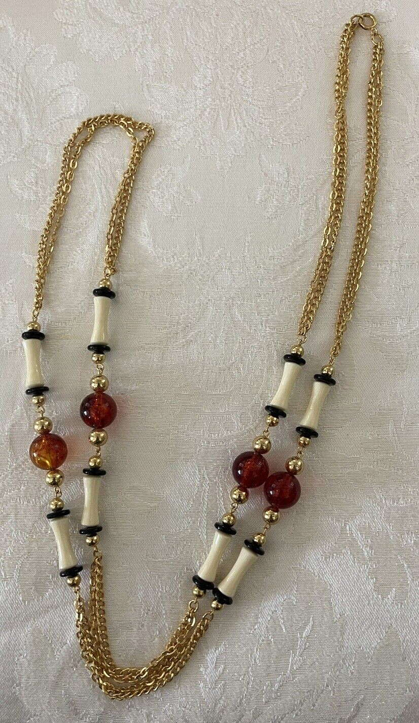 Vintage 24” Gold Tone Black, Cream & Amber Colored Beads Necklace
