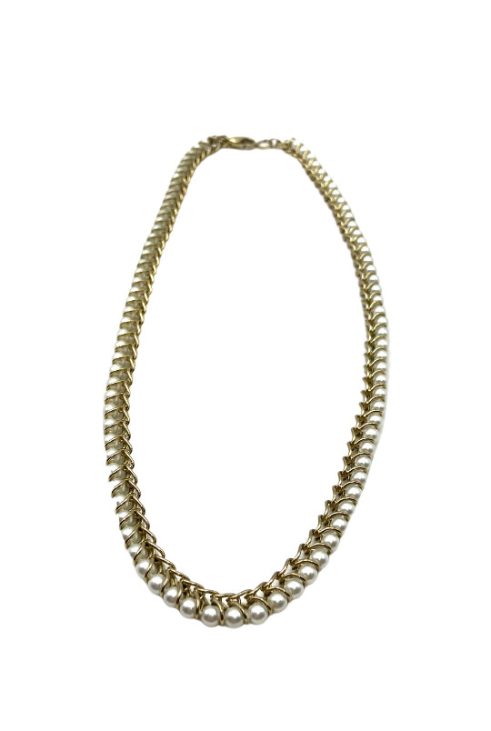 Vintage Gold Tone Faux Pearl Necklace Curb Linked Wire Wrapped 17” Costume GUC