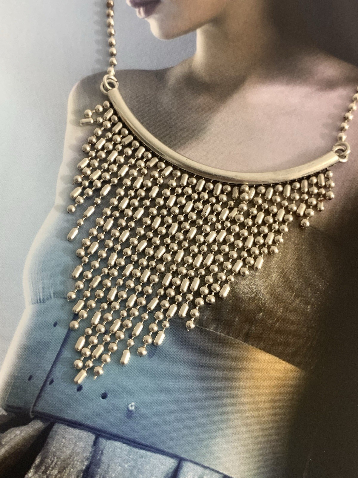 925 Sterling Silv Beaded Chain Cascading Fringe Bib Necklace Signed ATI Italy