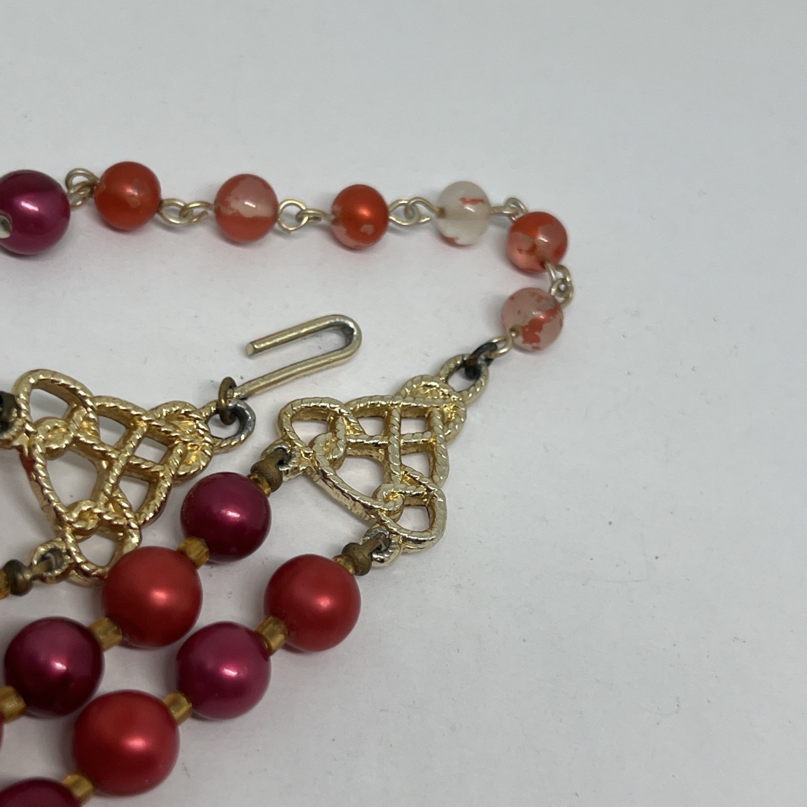 Vintage Red Faux Pearl Faced Lucite 15”-17” Necklace Marked Japan