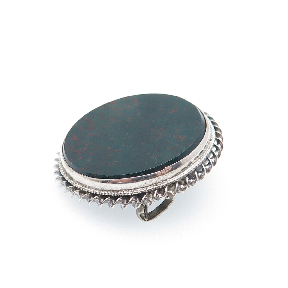 Silver-Tone Antique Victorian Real Round-Cut Bloodstone Twisted Bezel Pin Brooch