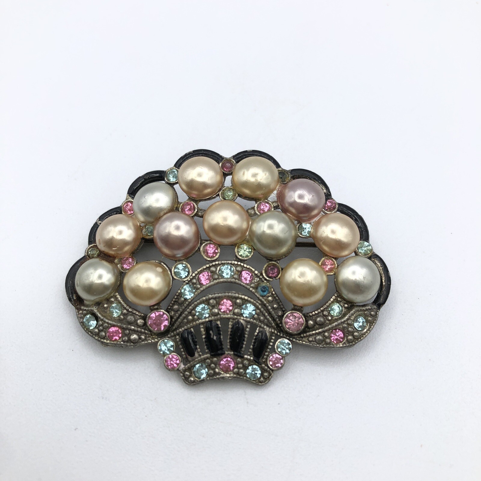 Vintage New England Glass Works Brooch Pastel Pearl Rhinestone Basket Brooch