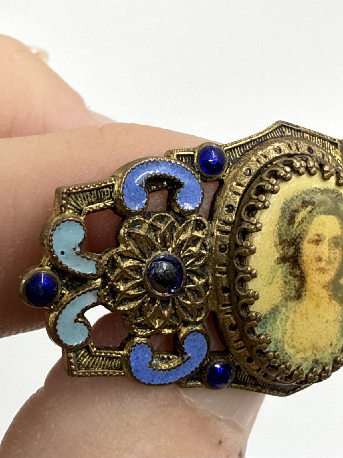 Antique Edwardian Portrait Brooch Blue Enamel C Clasp C1900 Vtg Cameo Brass