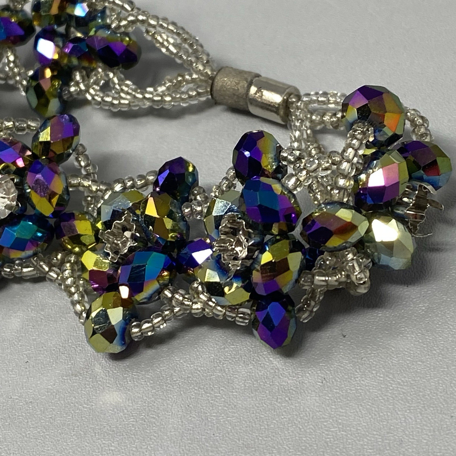 Glass Bead Bracelet Purple Metallic Oil Slick Peacock Coated Chunky Repair 6.5″