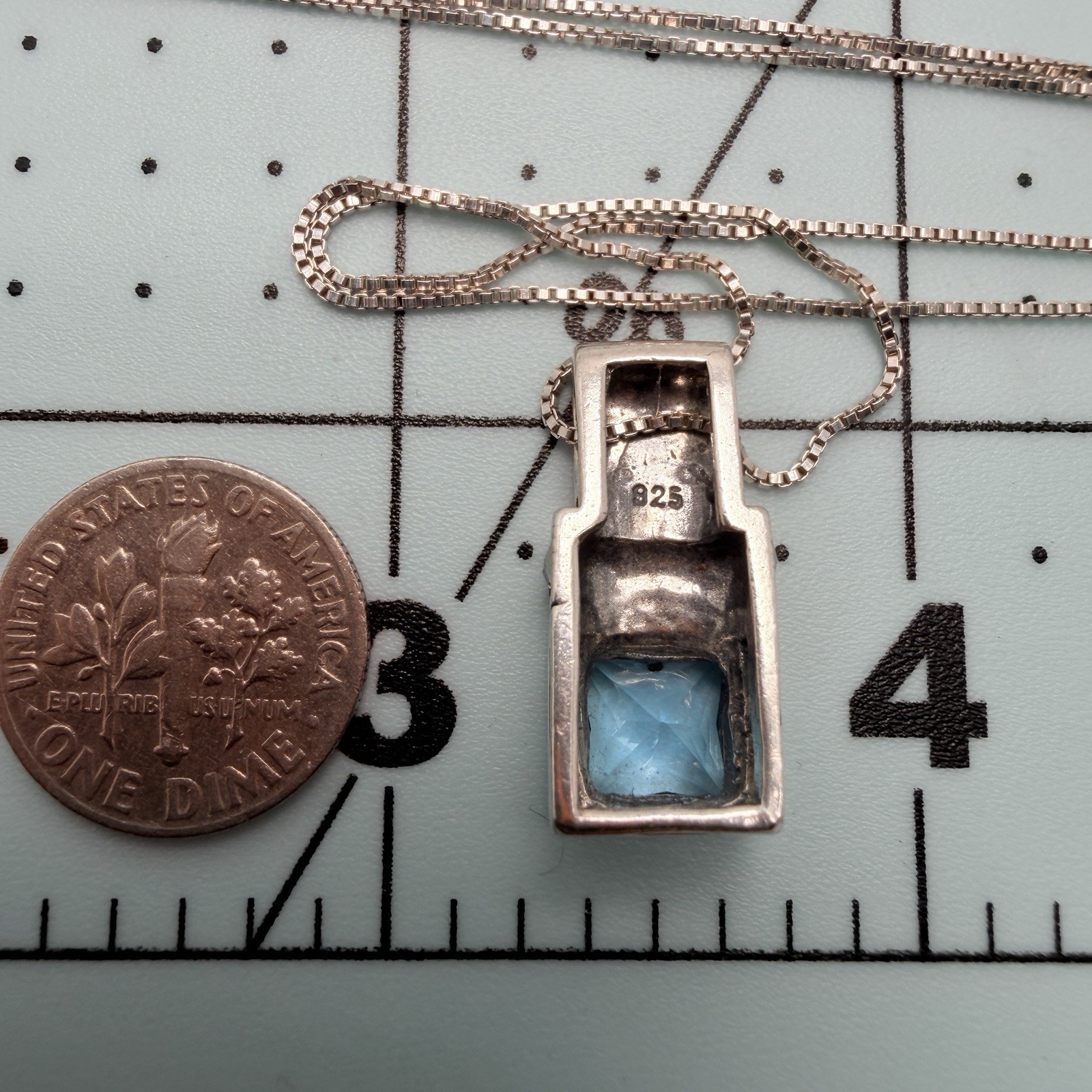 Sterling Silver Marcasite Blue Crystal Glass Art Deco Style Pendant 18′ Necklace