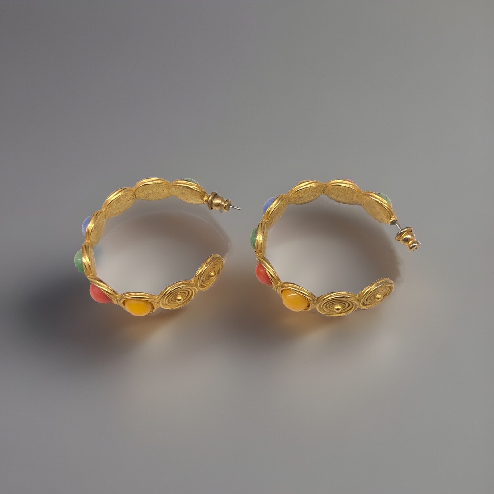 Vintage Multi Color Pastel Bead Cabochon Earrings Gold Tone 1.5” Pierced
