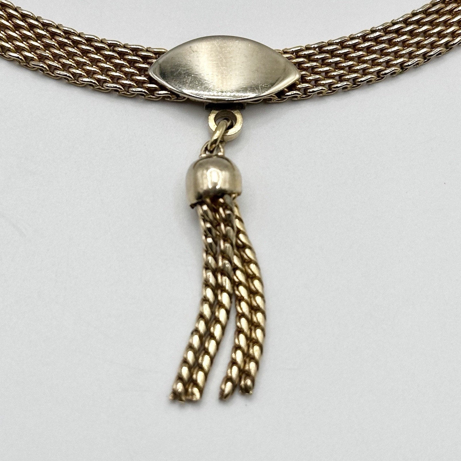 Vintage Signed Judy Lee Necklace Gold Tone Mesh Tassel Dangle Chain 13-16”