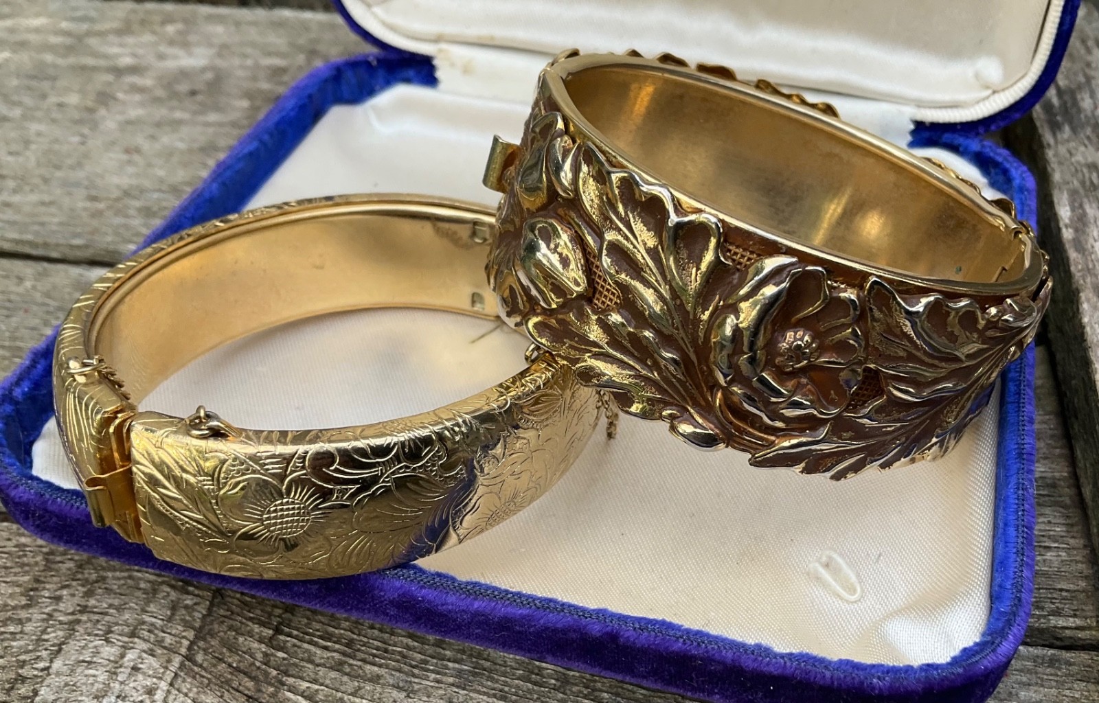 Vintage CUFF BANGLE BRACELETS Repousse Floral Nouveau Wide Gold Tone Finish