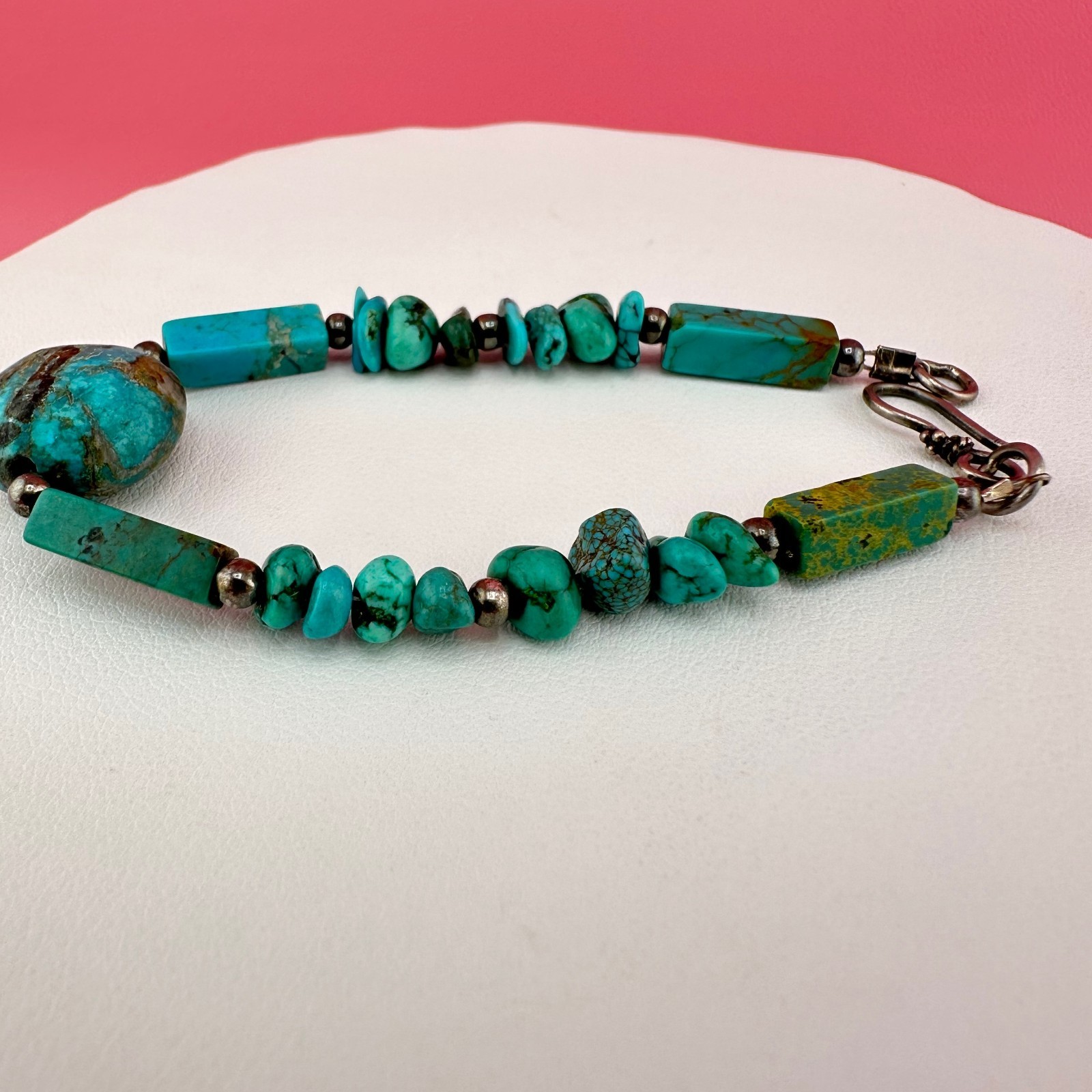 Vintage Turquoise Bead Sterling Silver Bracelet Blue Green South Western 6.25″