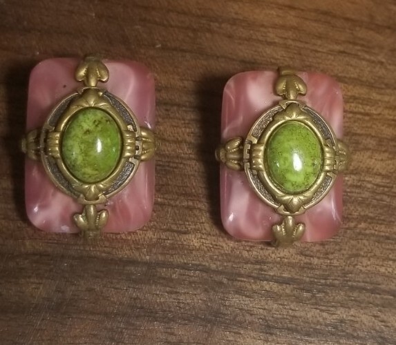 Vtg Unbranded Brass-Tone with Pink and Green ArtDeco Style Clip-On Earrings