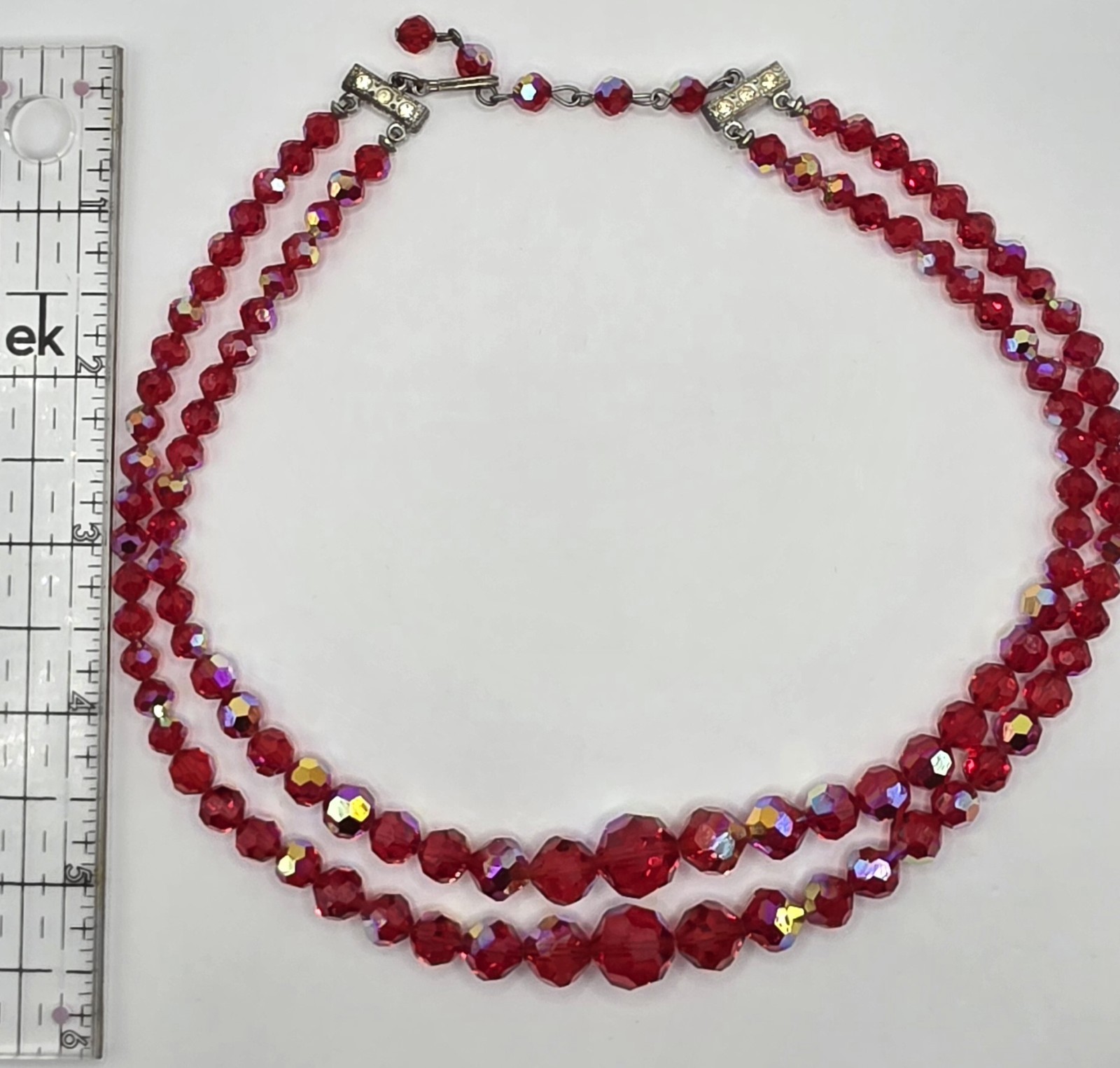 Vintage Red AB Glass Crystal Choker Necklace 2 Strand Faceted 16.5 With Extender