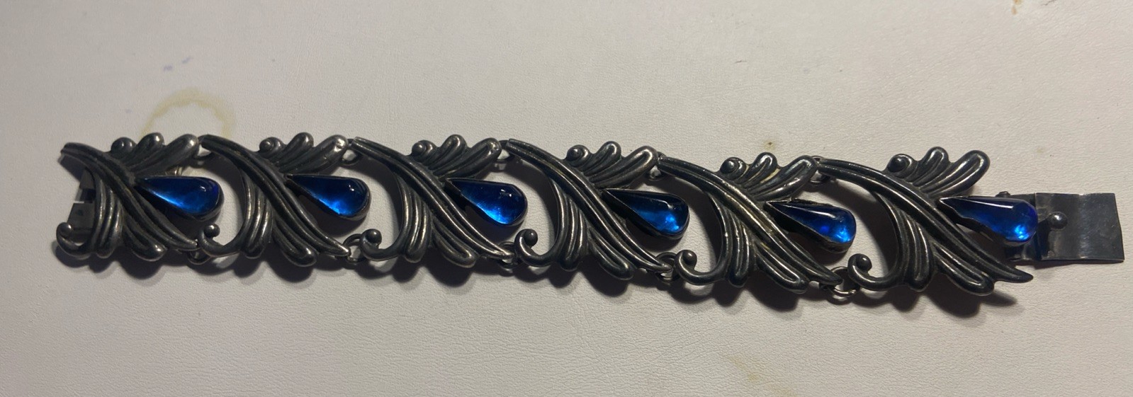 VTG Los Castillo Taxco Mexican Sterling Blue Cabochon Glass Floral Bracelet 7″