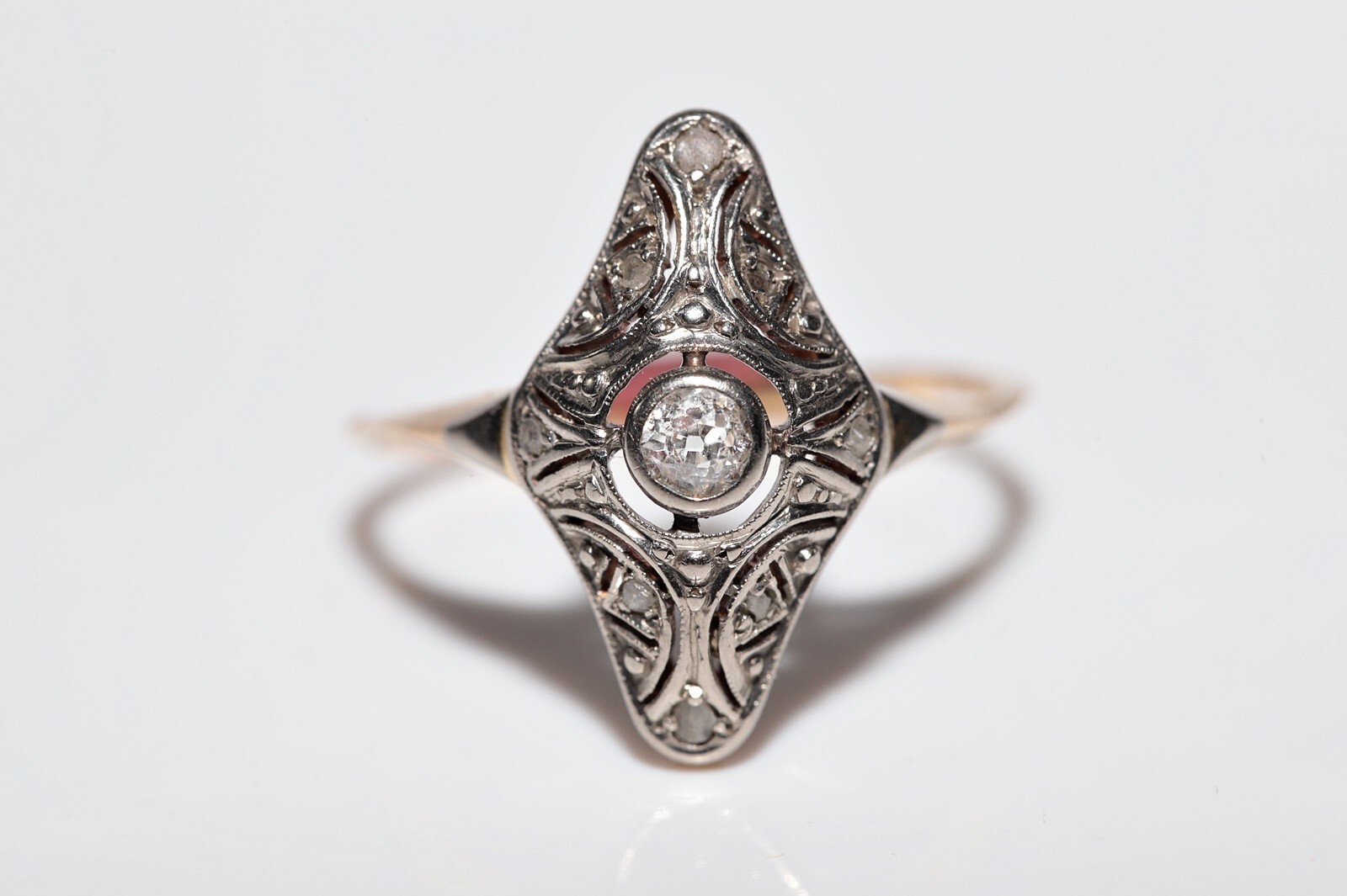 Antique Circa 1920s Art Deco 18k Gold Top Silver Natural Diamond Navette Ring
