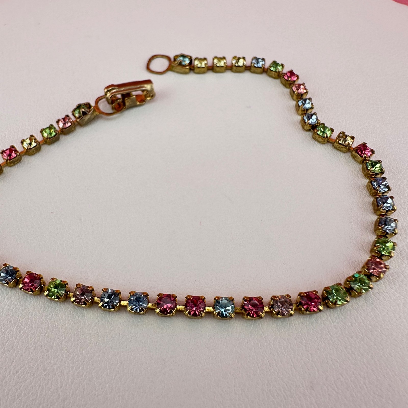 Vintage Rhinestone Bracelet Pastel Multi Color Gold Tone Tennis Cup Chain 6.75″