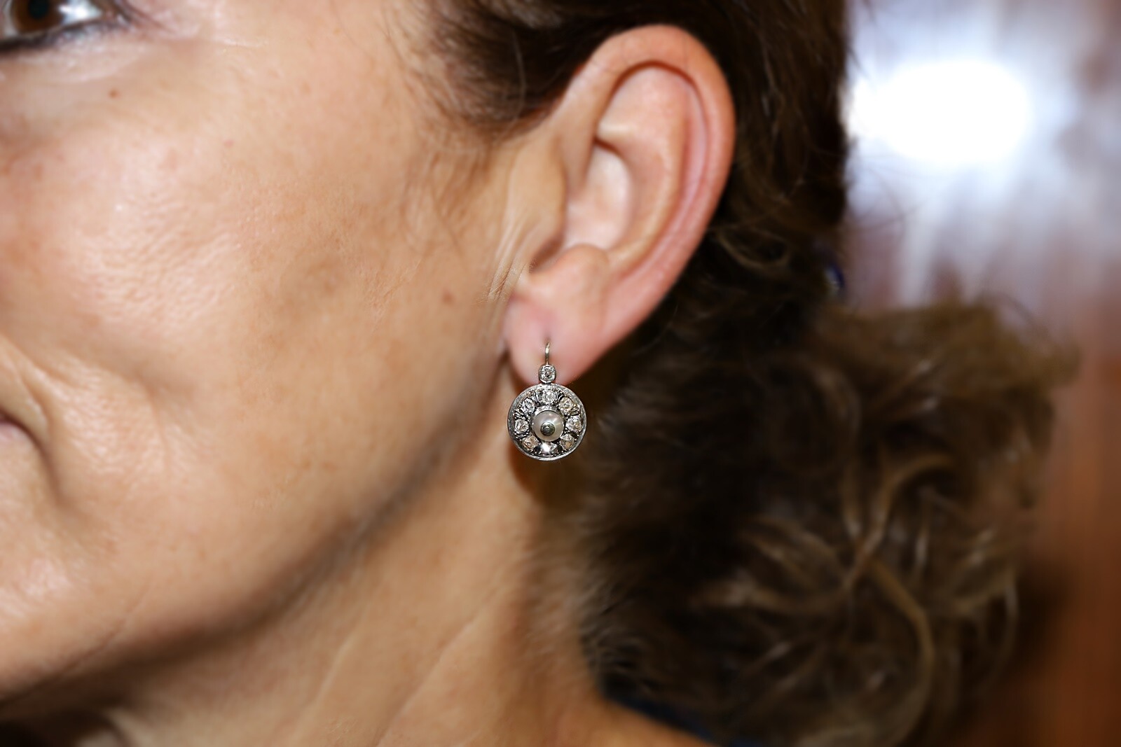 Antique Circa 1900s 18k Gold Natural Old Cut Diamond And Pearl Earring